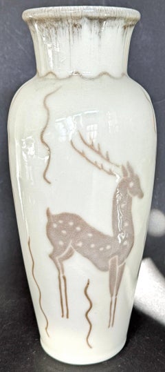 Slender Art Deco Vase with Antelope Motif by Rookwood, 1952, Ivory & Soft Brown