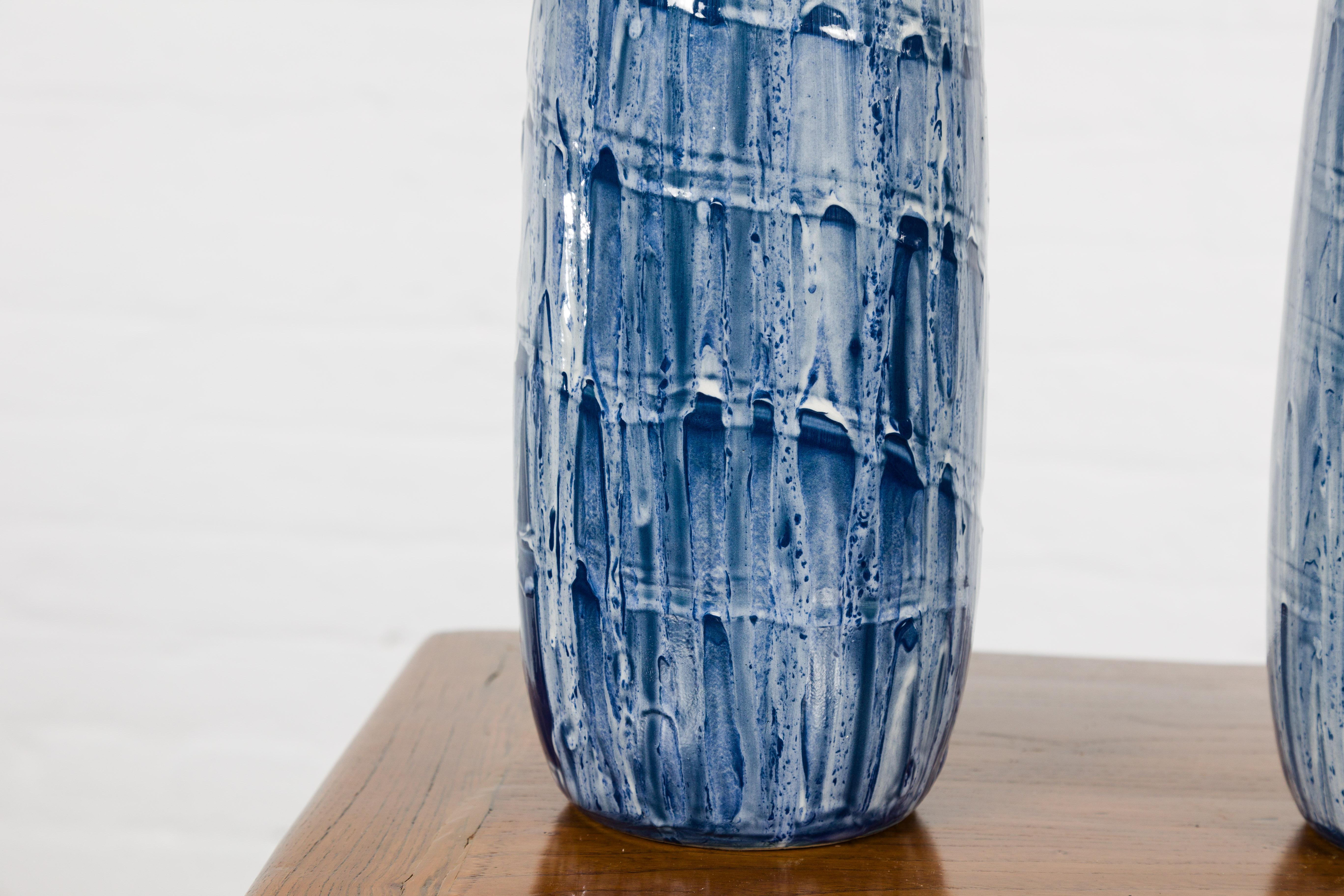 Slender Blue Vase with Spiraling and Dripping Décor, Two Sold Each  For Sale 6