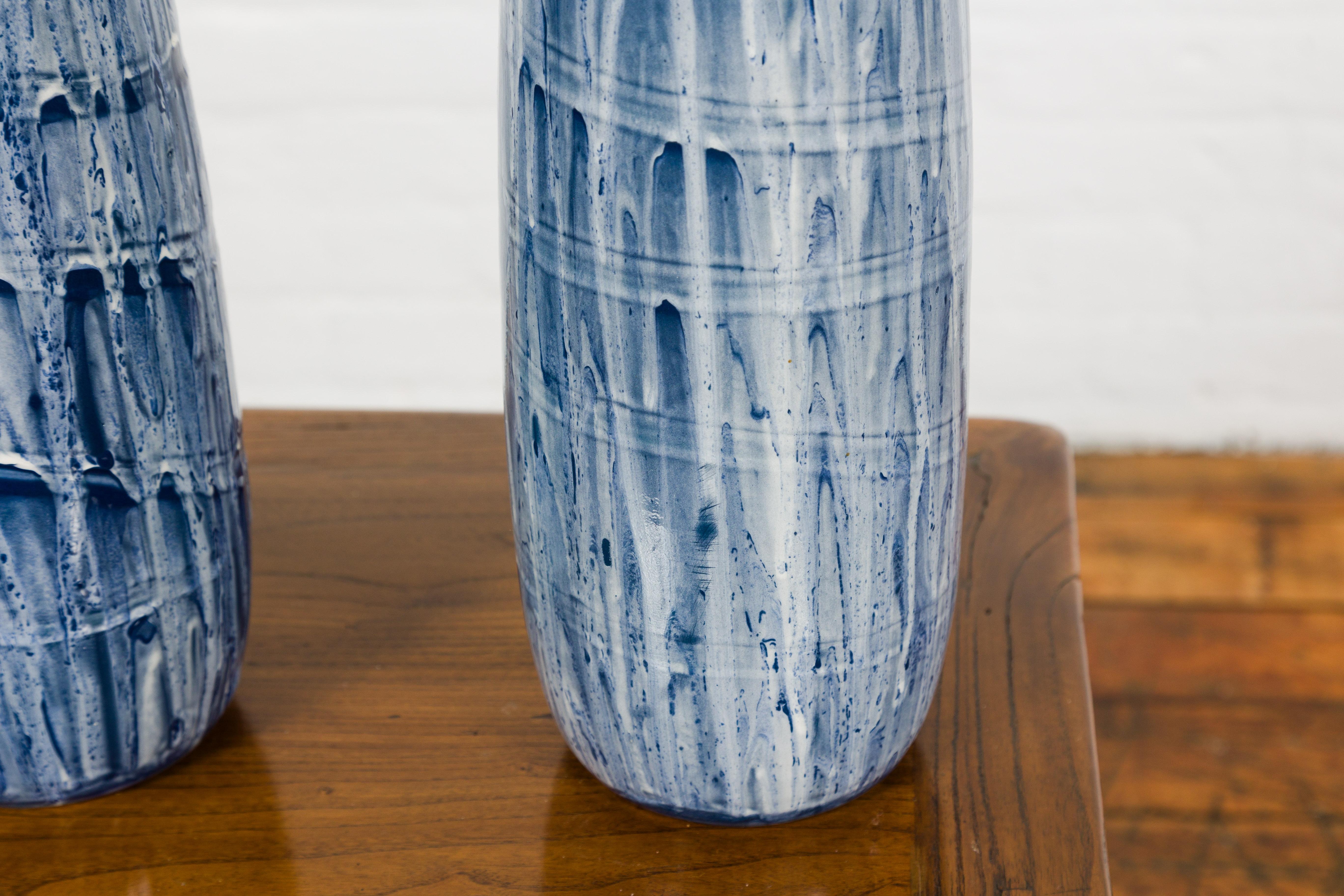 Slender Blue Vase with Spiraling and Dripping Décor, Two Sold Each  For Sale 10