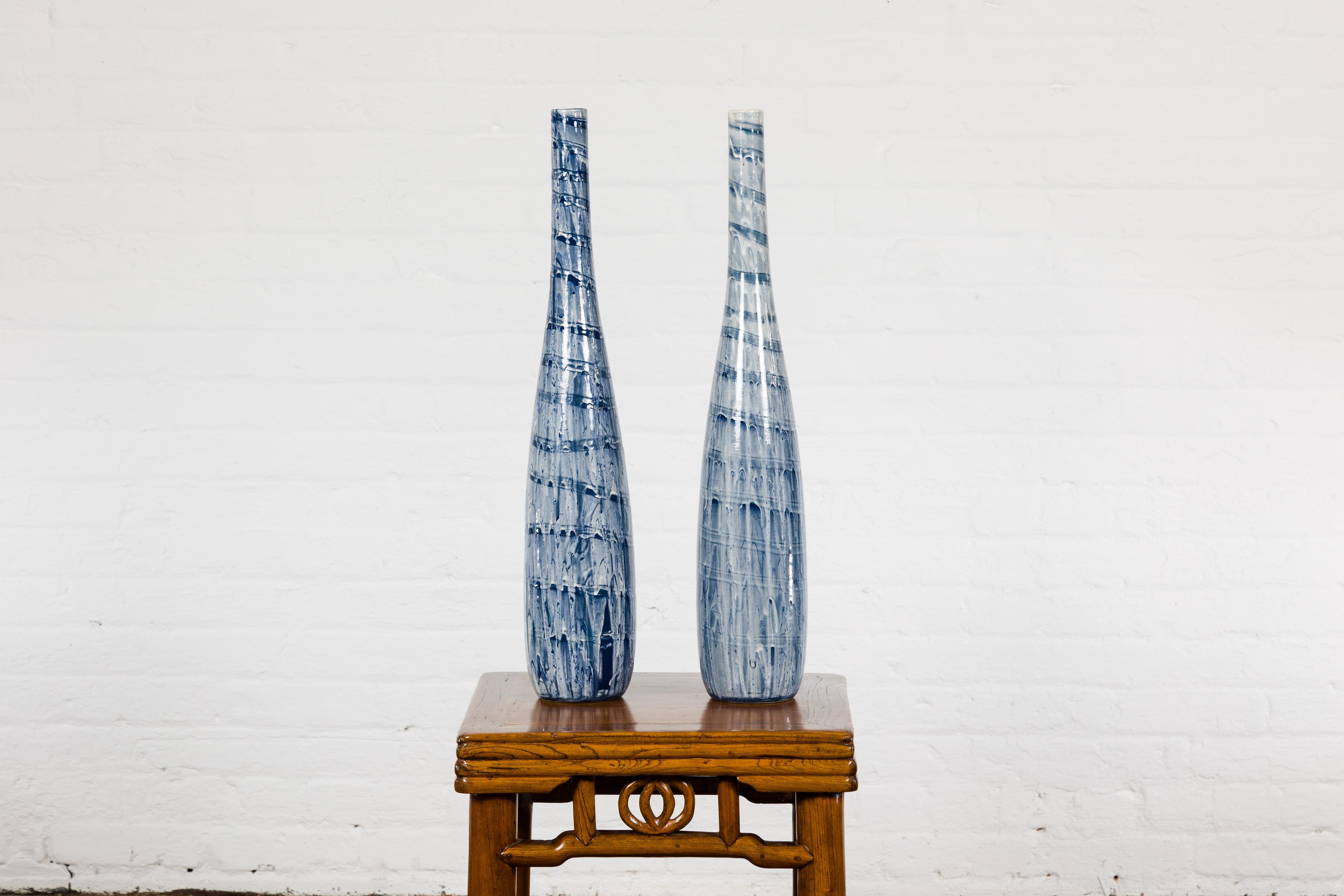 Slender Blue Vase with Spiraling and Dripping Décor, Two Sold Each  For Sale 11
