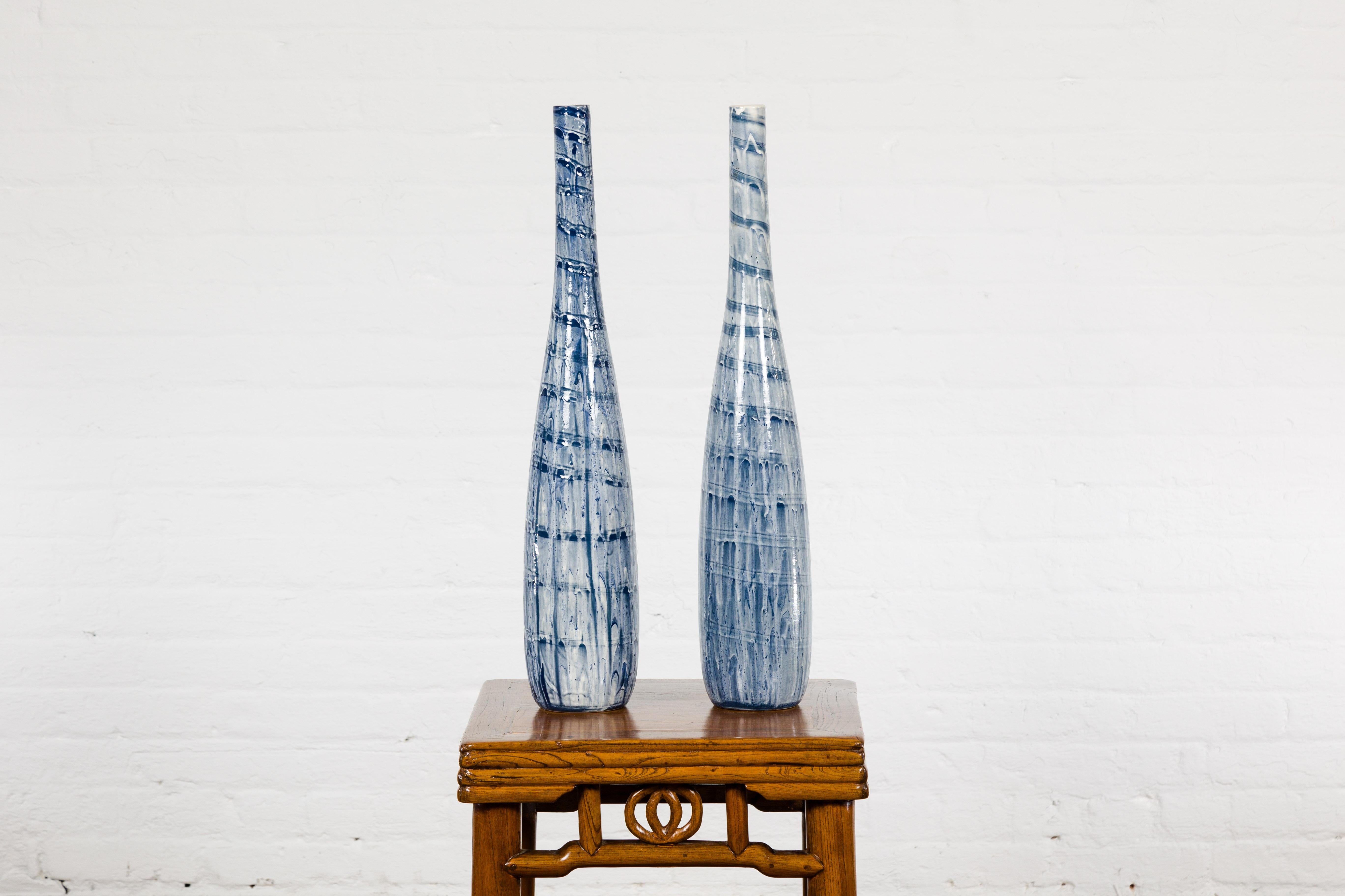 Slender Blue Vase with Spiraling and Dripping Décor, Two Sold Each  For Sale 12