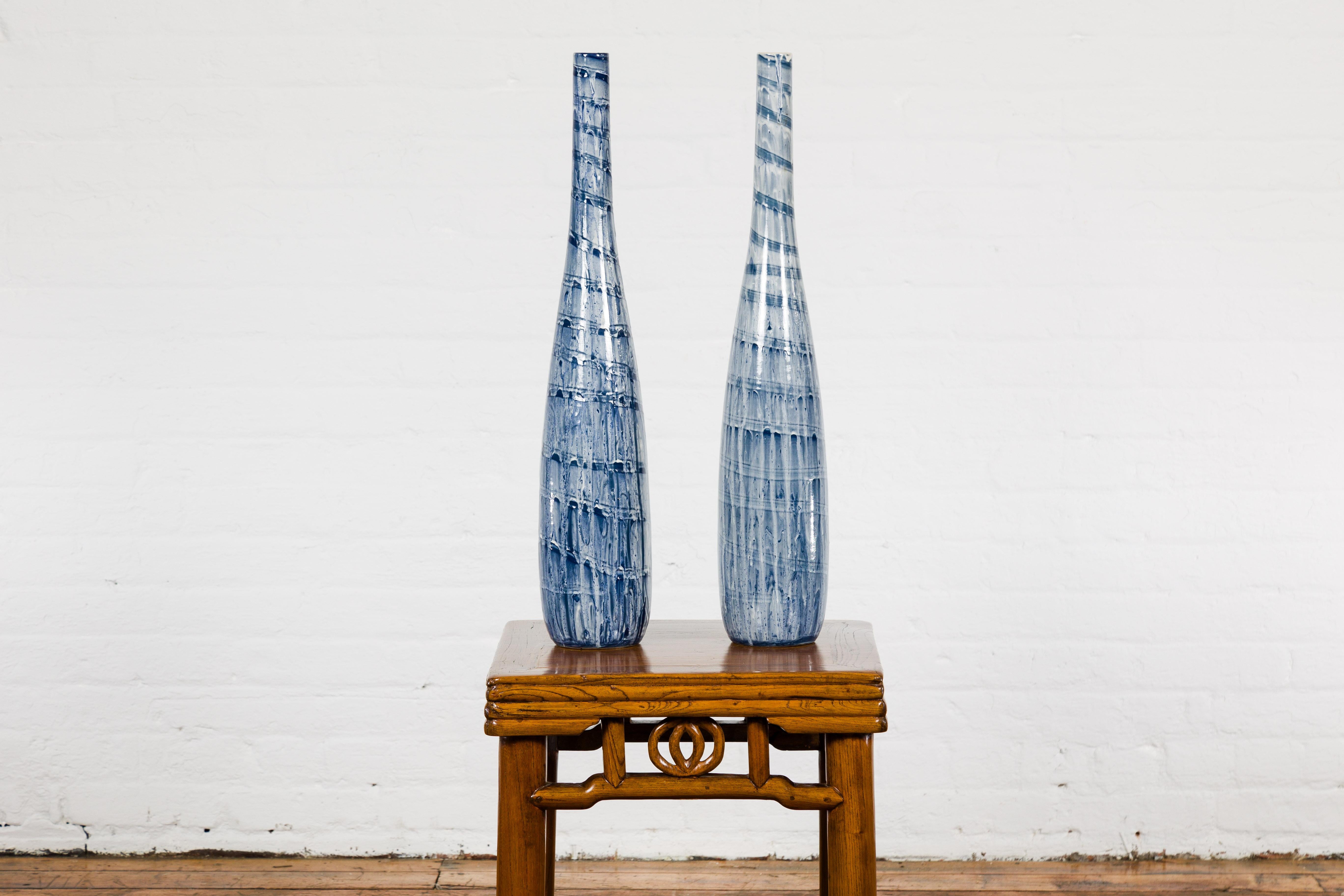 Slender Blue Vase with Spiraling and Dripping Décor, Two Sold Each  For Sale 13
