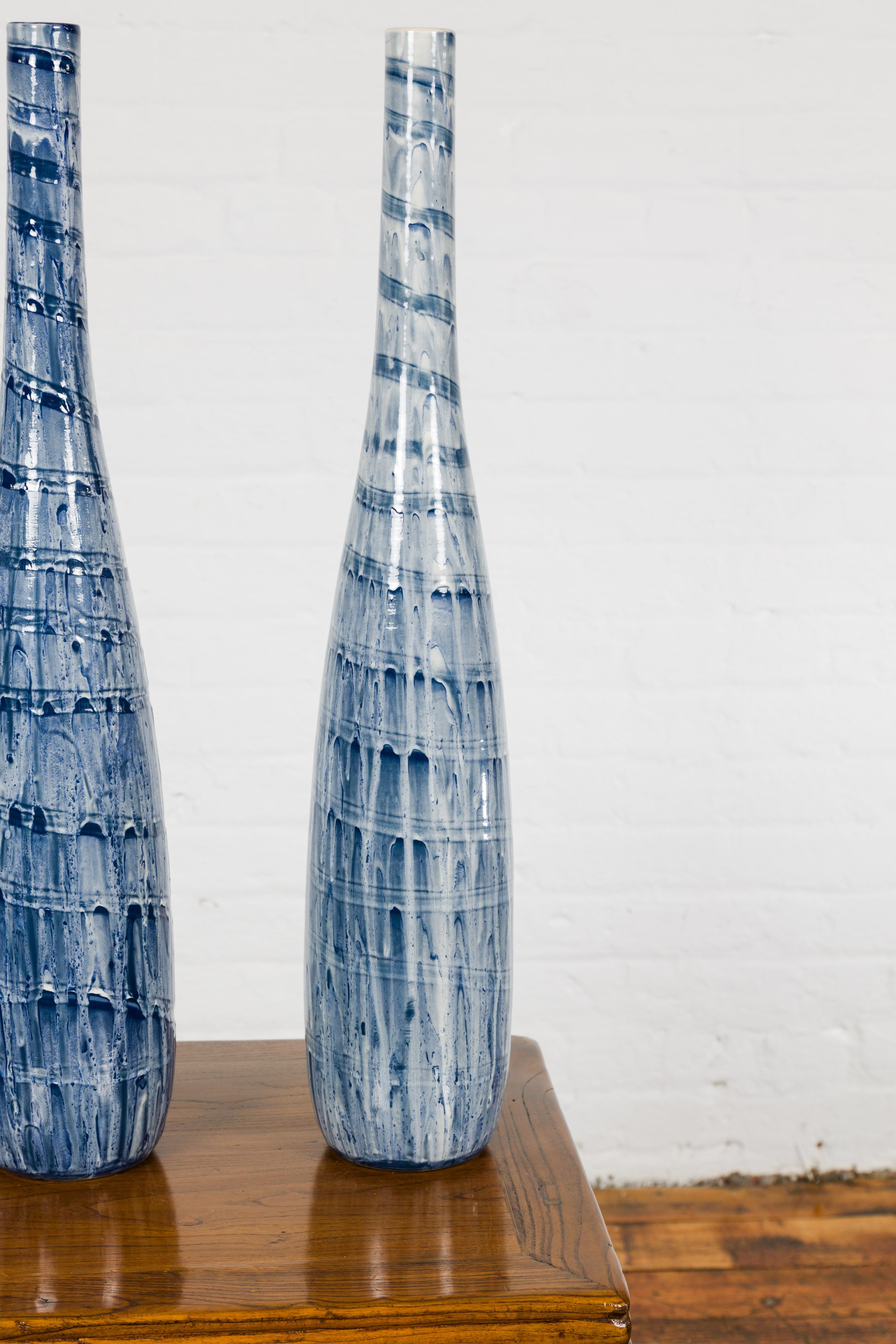 Slender Blue Vase with Spiraling and Dripping Décor, Two Sold Each  For Sale 1