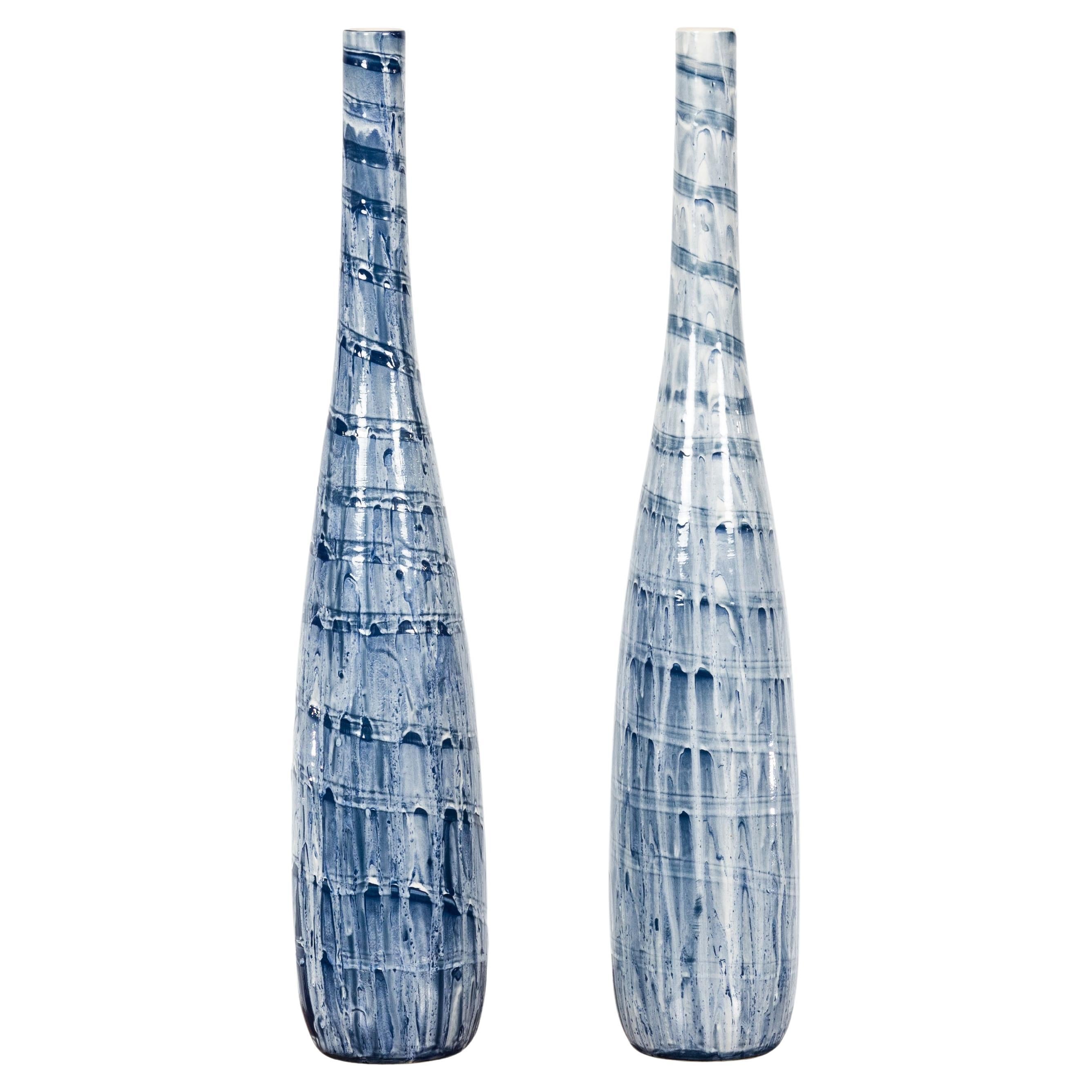 Slender Blue Vase with Spiraling and Dripping Décor, Two Sold Each 