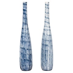 Slender Blue Vase with Spiraling and Dripping Décor, Two Sold Each 