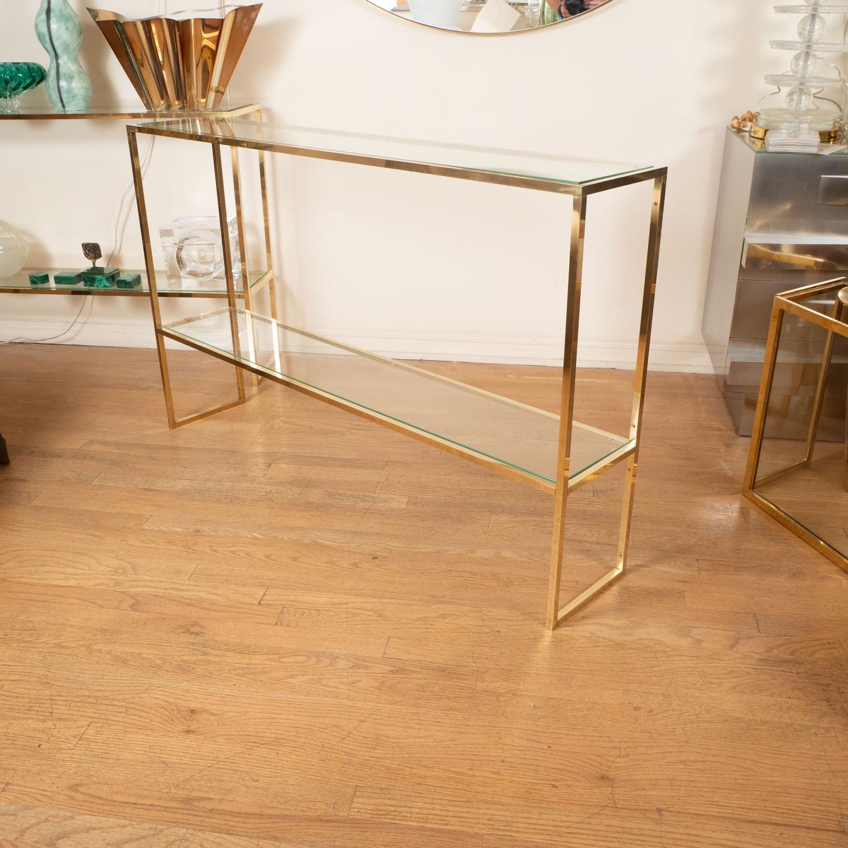 Mid-Century Modern Slender brass and glass two shelf console For Sale