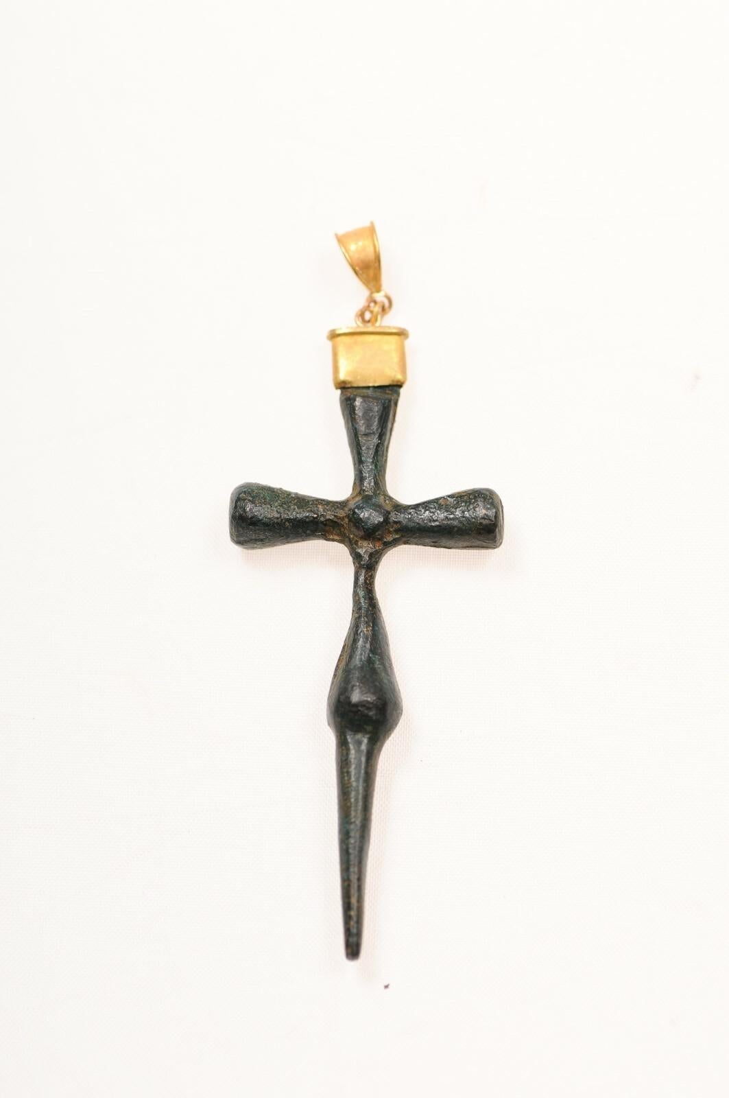 Byzantine Slender Bronze cross with 21K gold accents (pendant only) For Sale