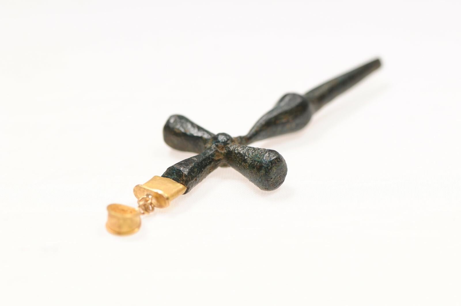 Women's or Men's Slender Bronze cross with 21K gold accents (pendant only) For Sale