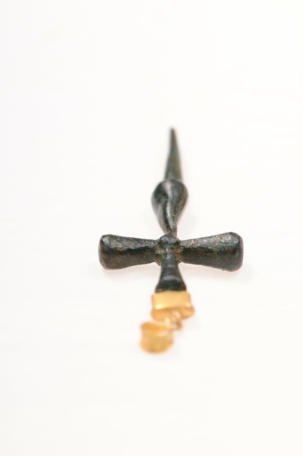 Slender Bronze cross with 21K gold accents (pendant only) For Sale 1