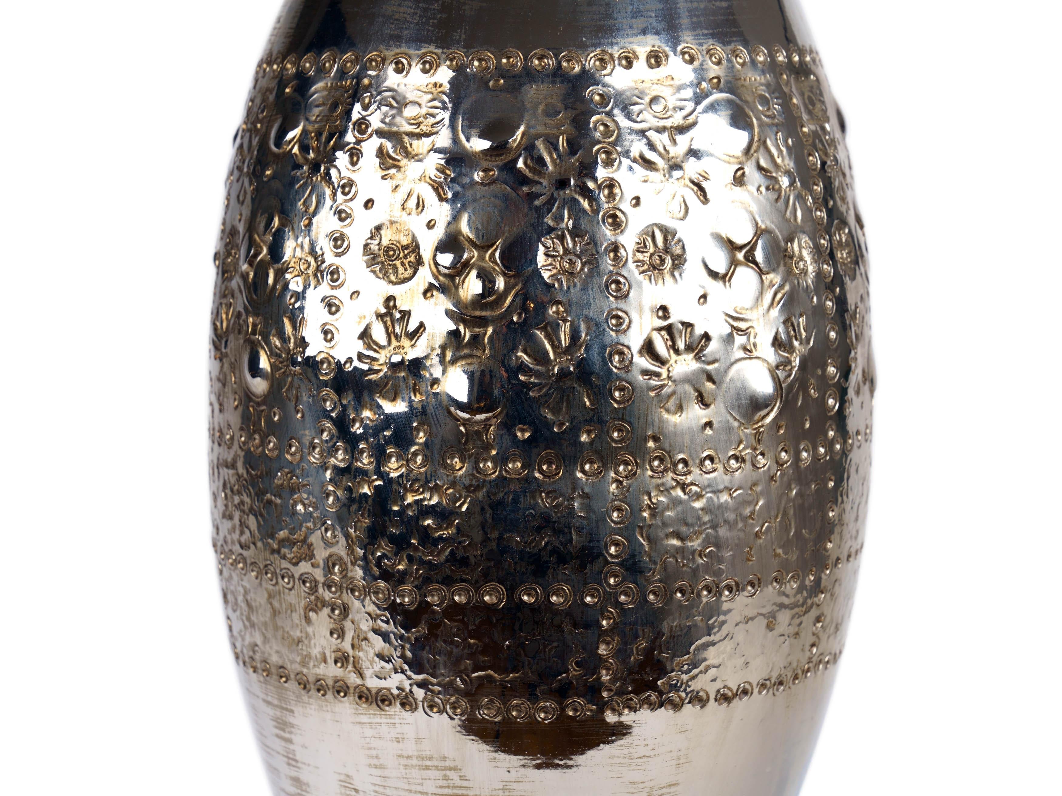 Modern Slender Ceramic Sculptural Vase Hand-Painted Third-Fire Platinum Luster, Italy For Sale