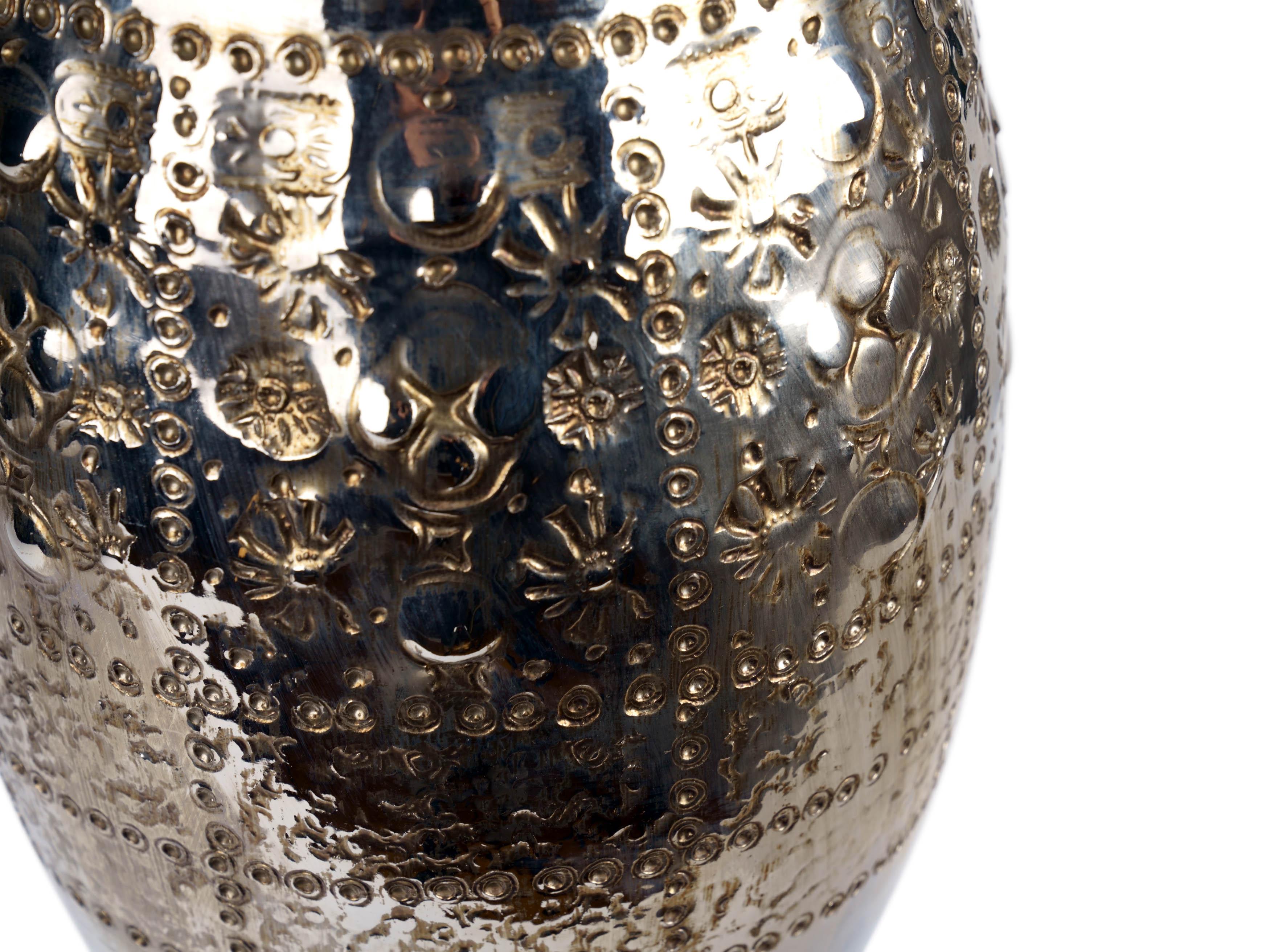 Italian Slender Ceramic Sculptural Vase Hand-Painted Third-Fire Platinum Luster, Italy For Sale