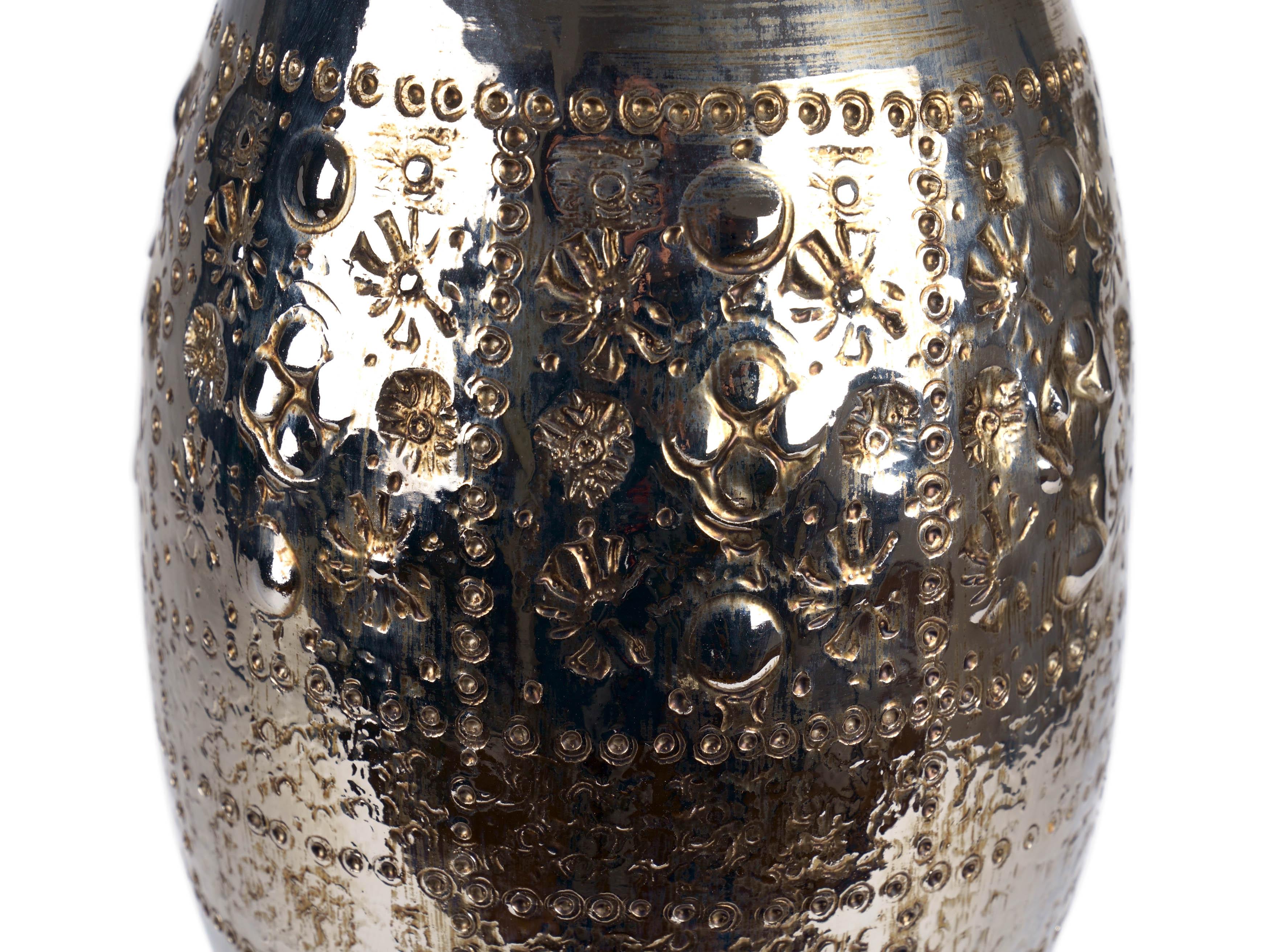 Hand-Carved Slender Ceramic Sculptural Vase Hand-Painted Third-Fire Platinum Luster, Italy For Sale