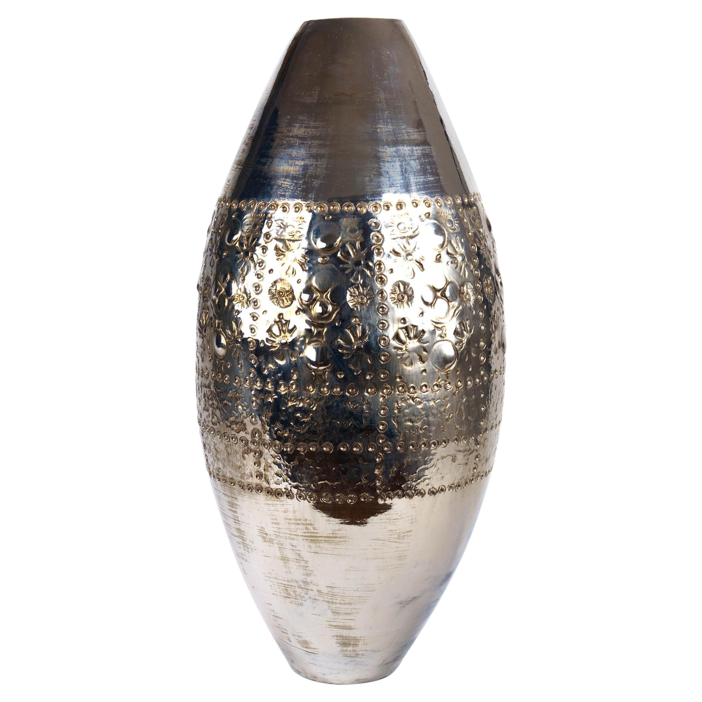 Slender Ceramic Sculptural Vase Hand-Painted Third-Fire Platinum Luster, Italy For Sale