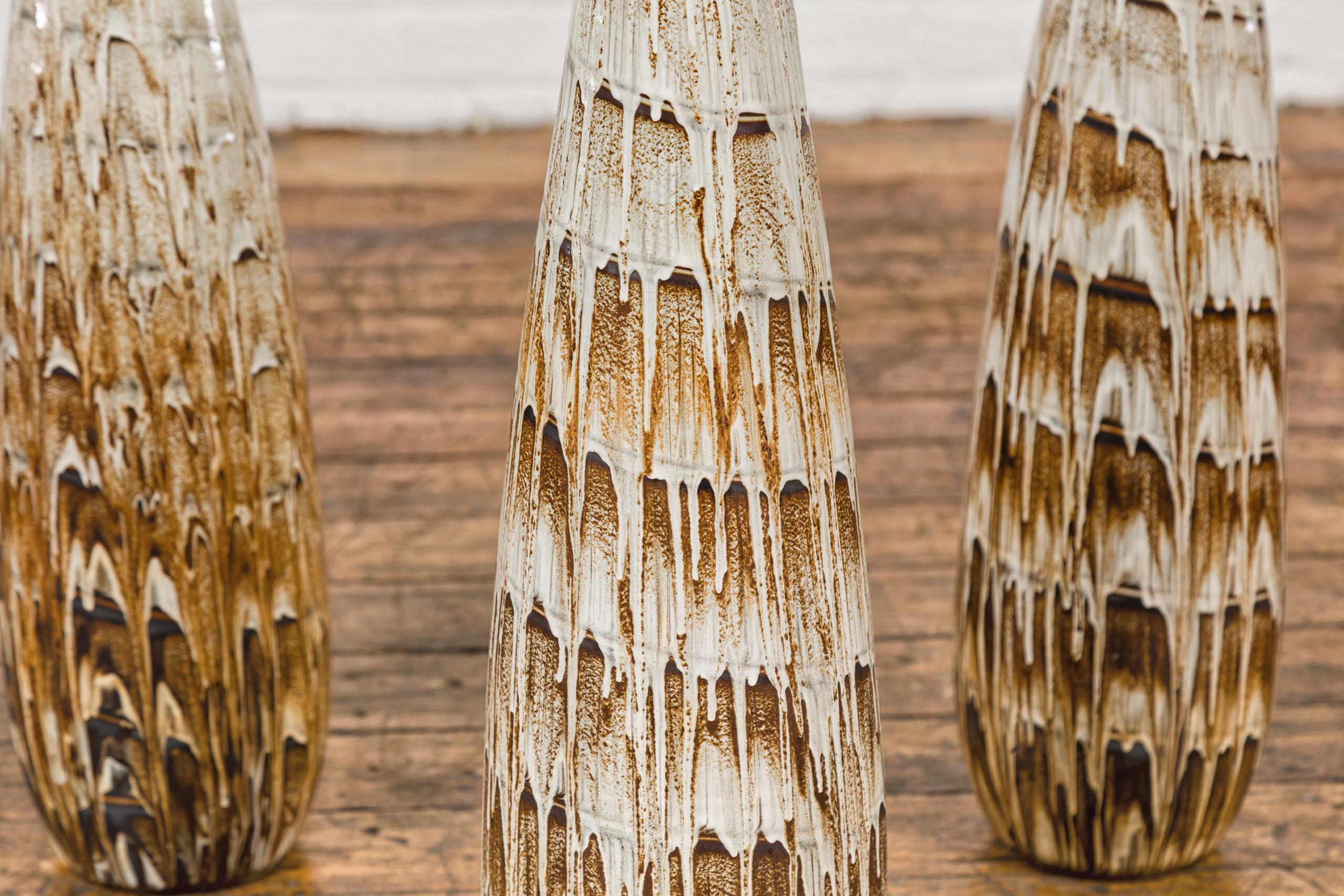 Slender Ceramic Vases with Spiraling Motifs and Brown Drip Glaze, Sold Each For Sale 7