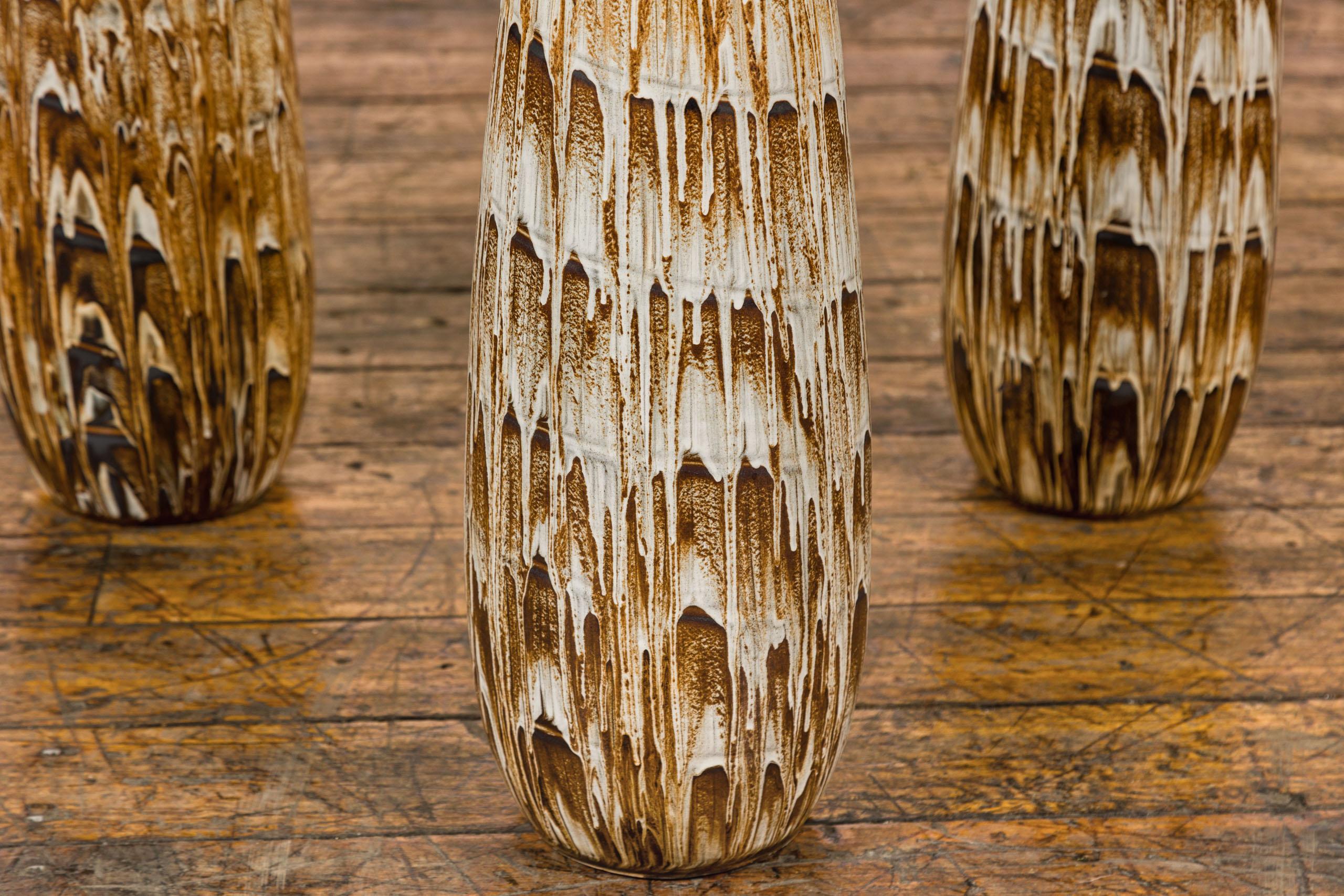 Slender Ceramic Vases with Spiraling Motifs and Brown Drip Glaze, Sold Each For Sale 8