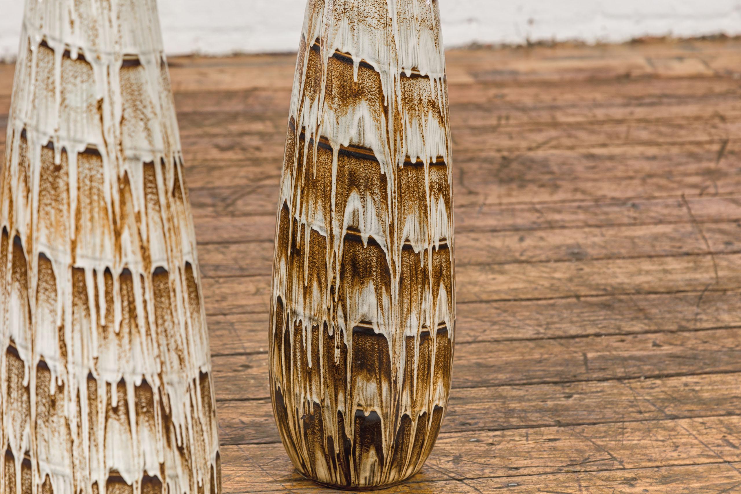 Slender Ceramic Vases with Spiraling Motifs and Brown Drip Glaze, Sold Each For Sale 10