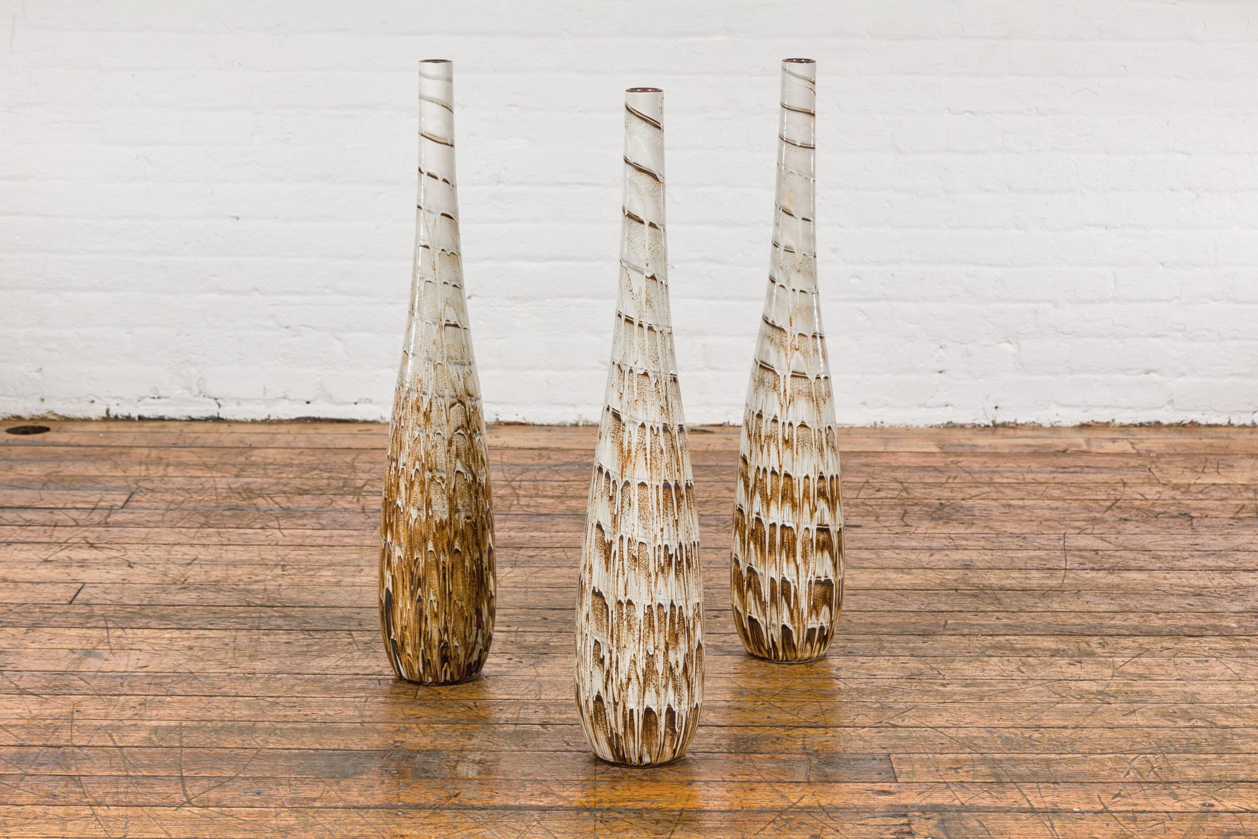 Slender Ceramic Vases with Spiraling Motifs and Brown Drip Glaze, Sold Each For Sale 12
