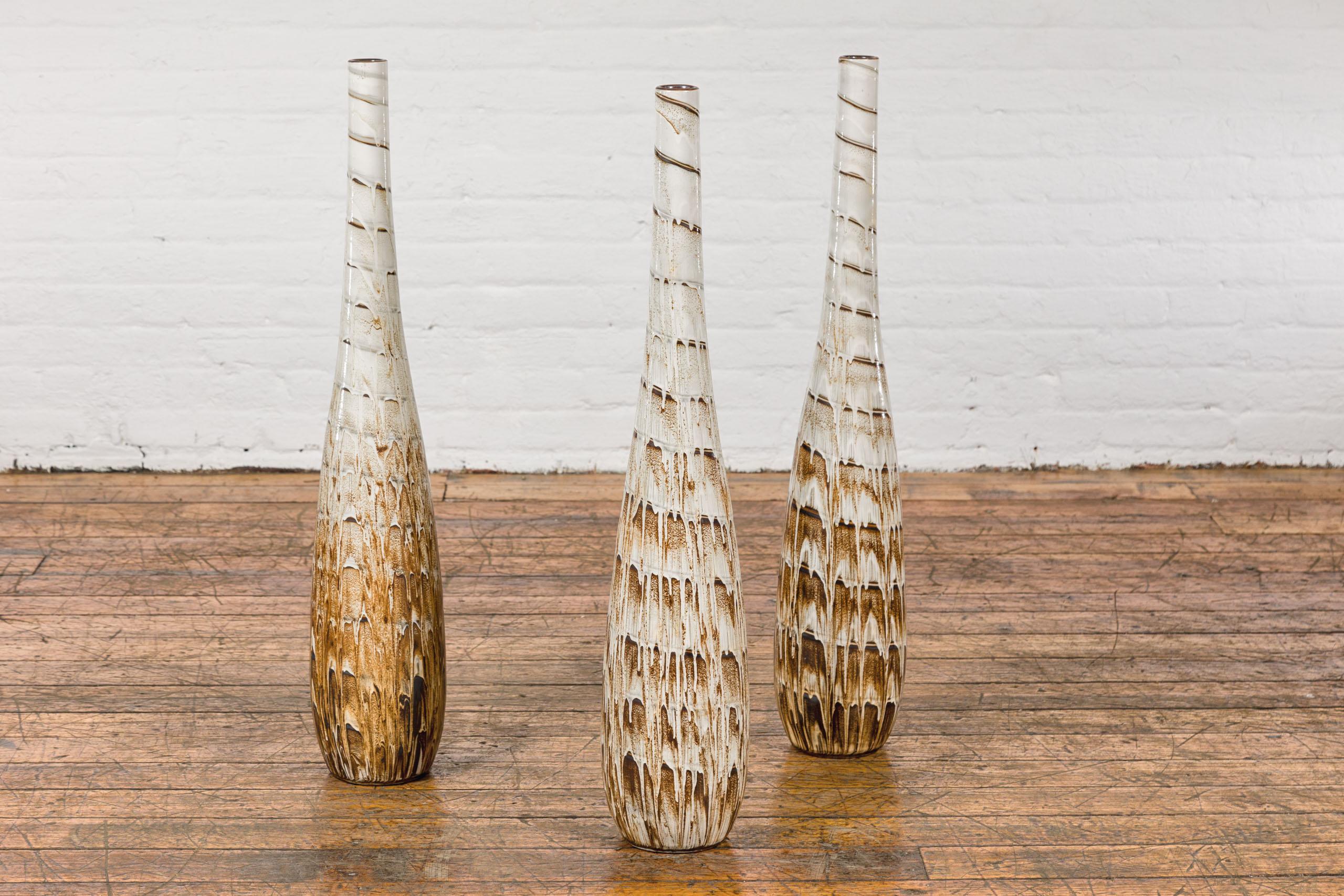 Slender Ceramic Vases with Spiraling Motifs and Brown Drip Glaze, Sold Each For Sale 13