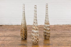 Slender Ceramic Vases with Spiraling Motifs and Brown Drip Glaze, Sold Each