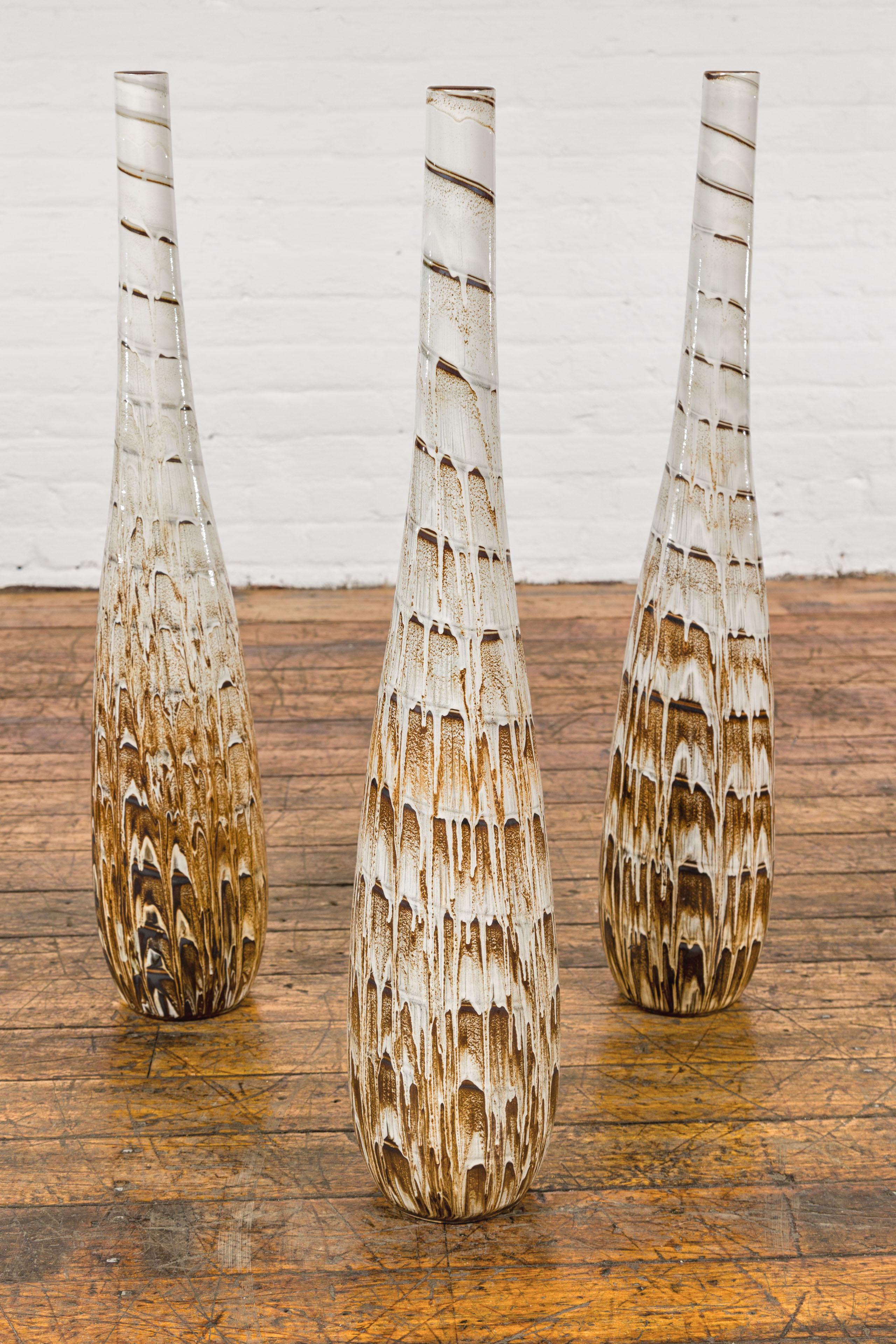 Slender Ceramic Vases with Spiraling Motifs and Brown Drip Glaze, Sold Each For Sale 1