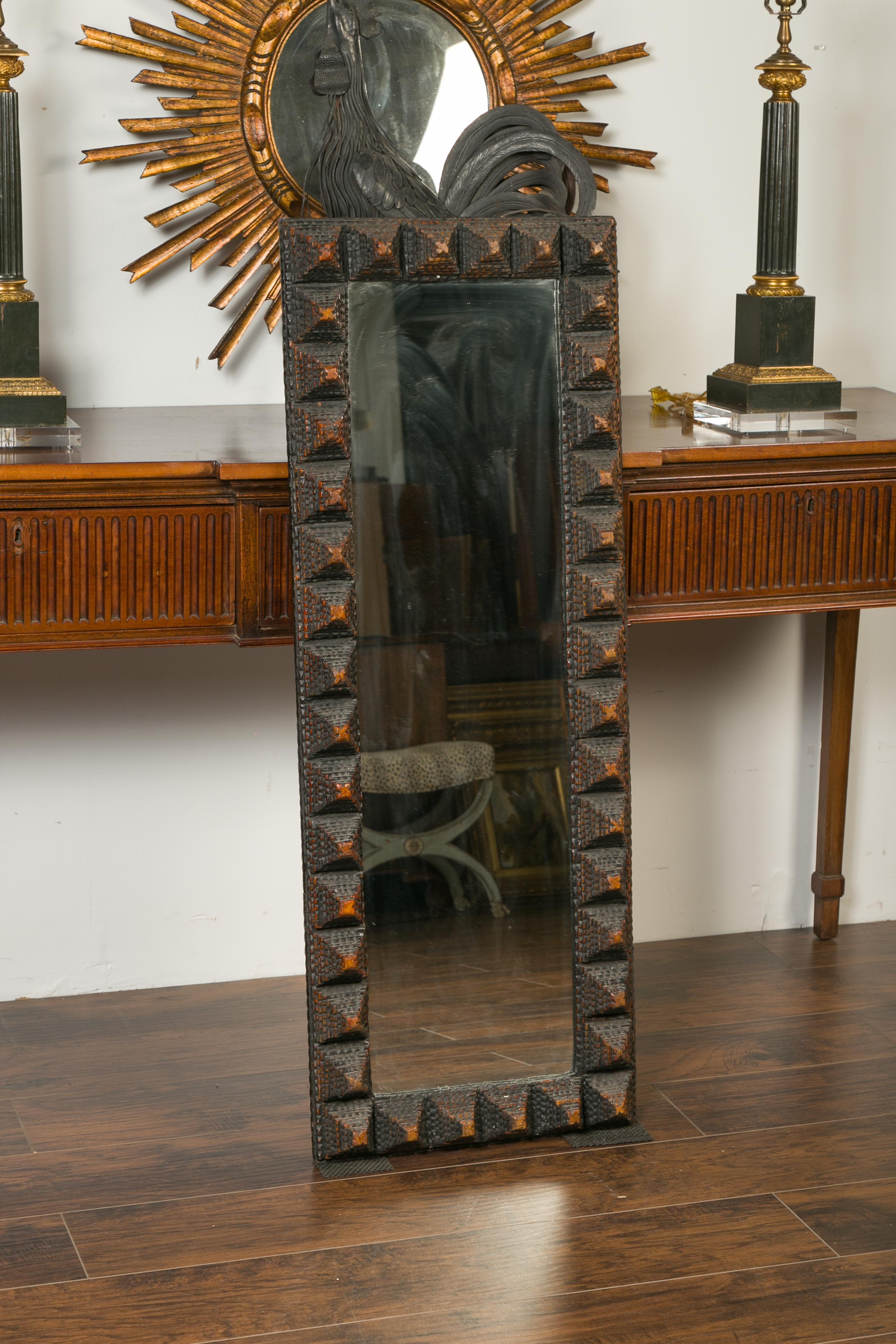 Folk Art Slender French Tramp Art Carved Wood Mirror with Pyramidal Motifs, circa 1900