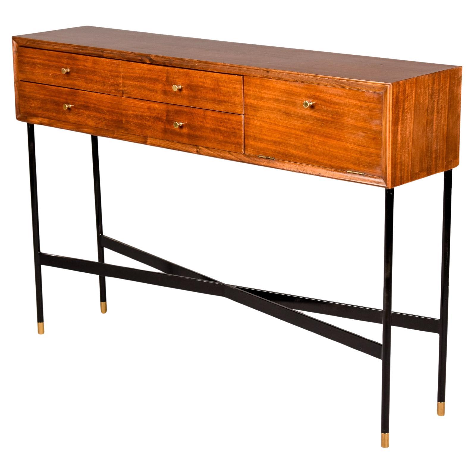 Slender Mid Century Console Cabinet on Black Metal Legs For Sale
