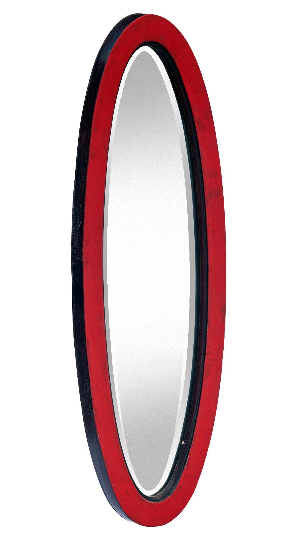 Art Deco Slender Oval Beveled Mirror in Ruby Red For Sale
