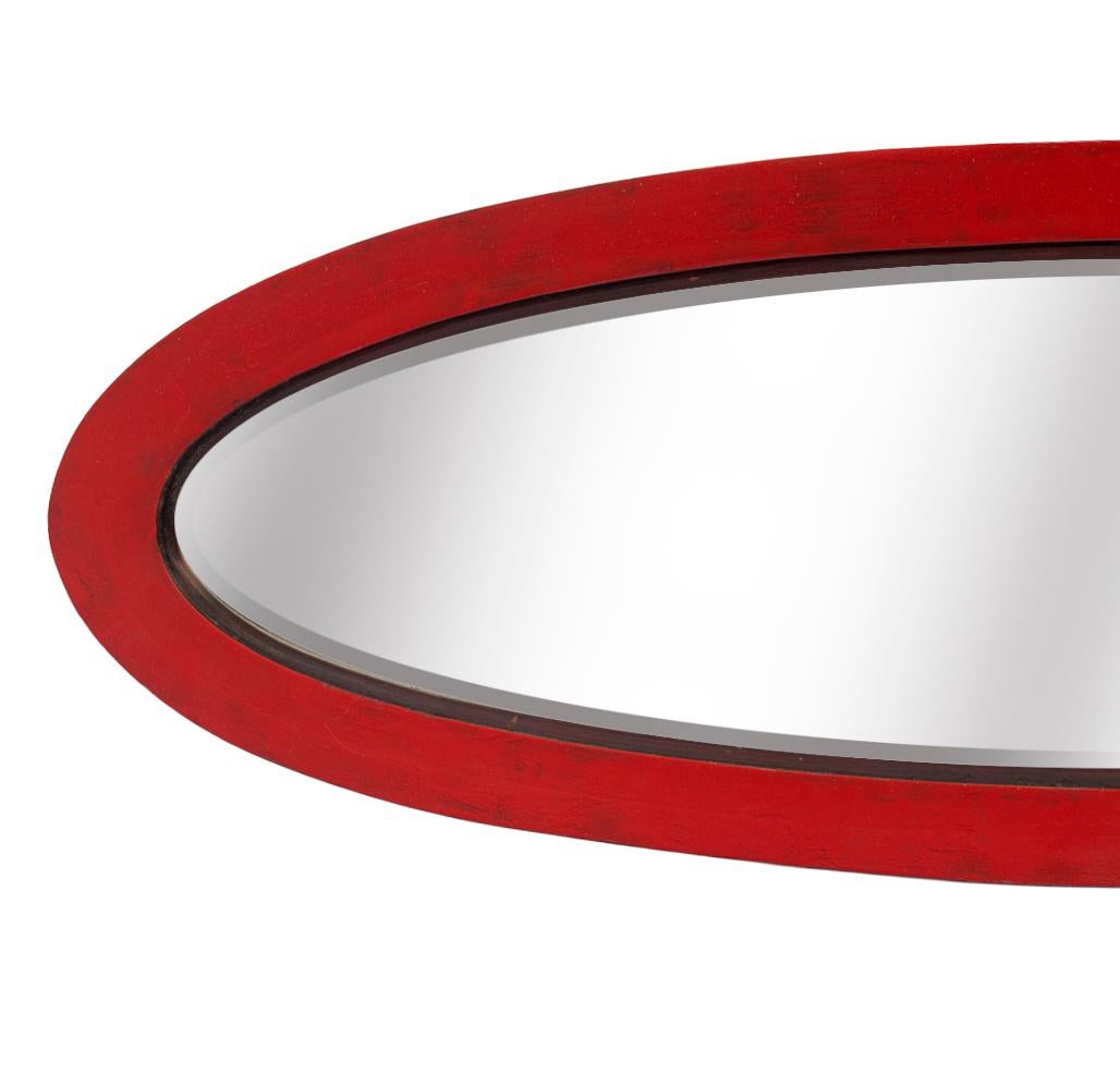 Hand-Crafted Slender Oval Beveled Mirror in Ruby Red For Sale