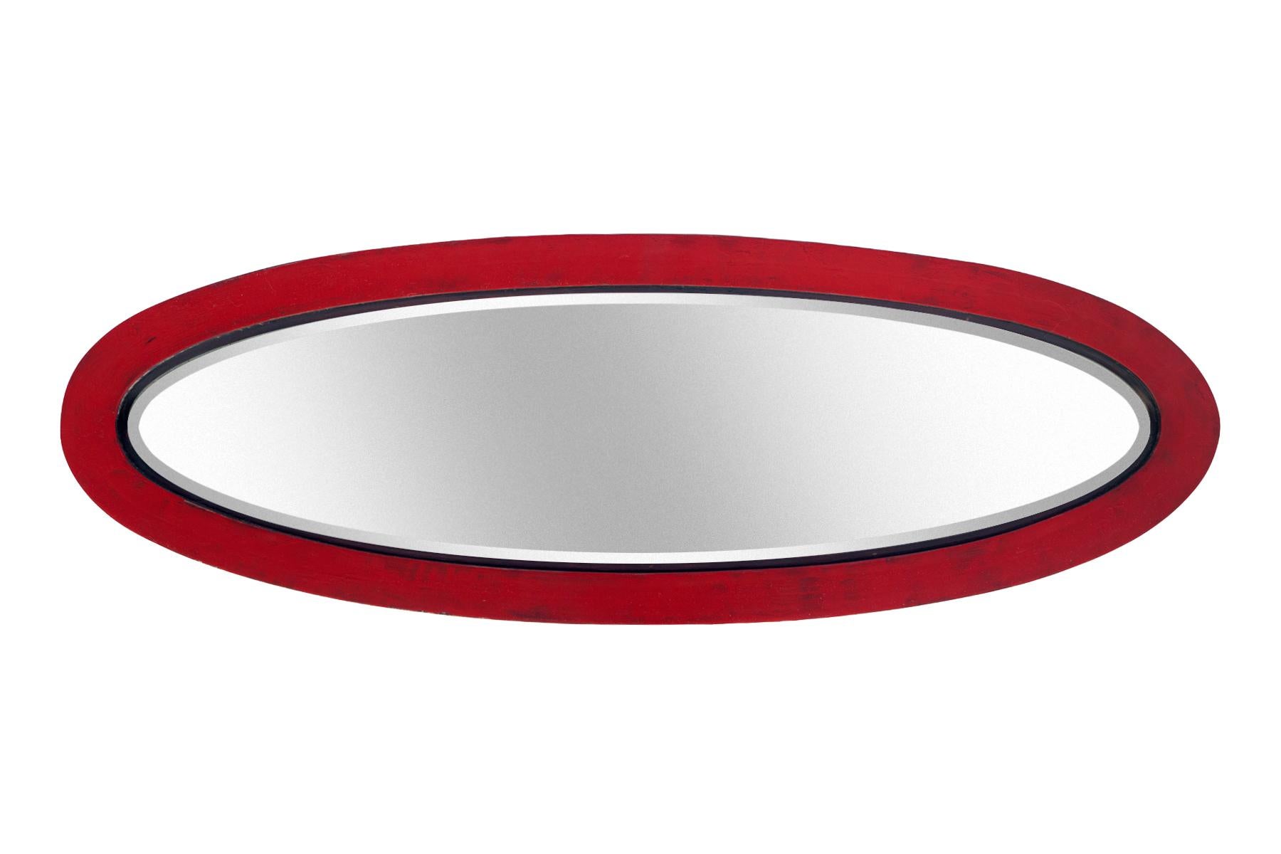 Slender Oval Beveled Mirror in Ruby Red In Good Condition For Sale In Malibu, CA