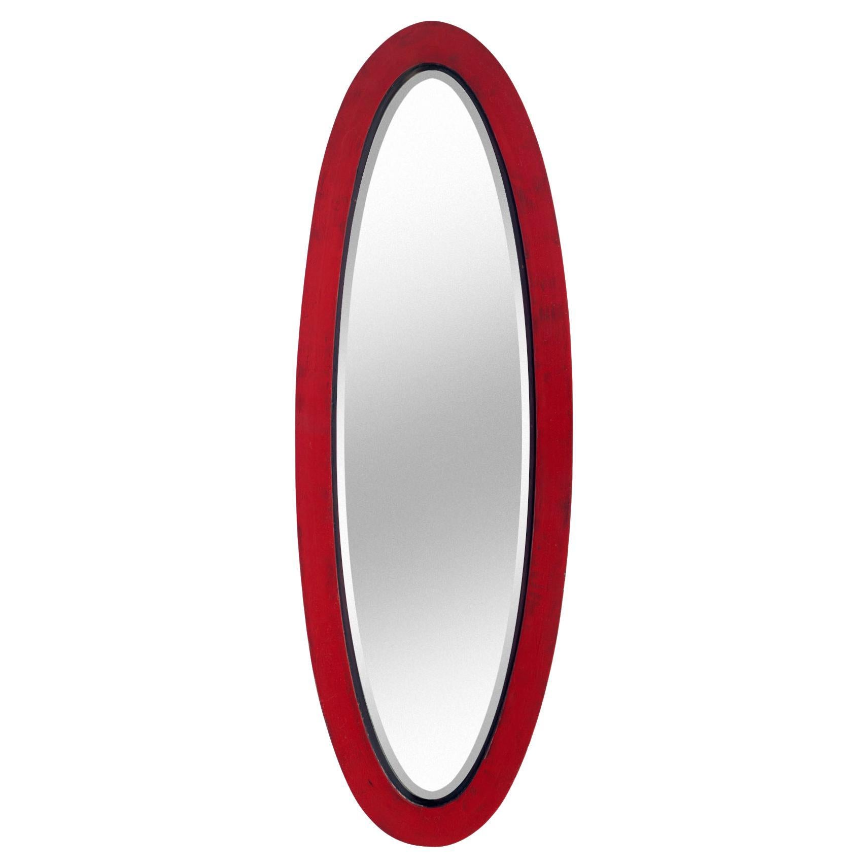Slender Oval Beveled Mirror in Ruby Red For Sale
