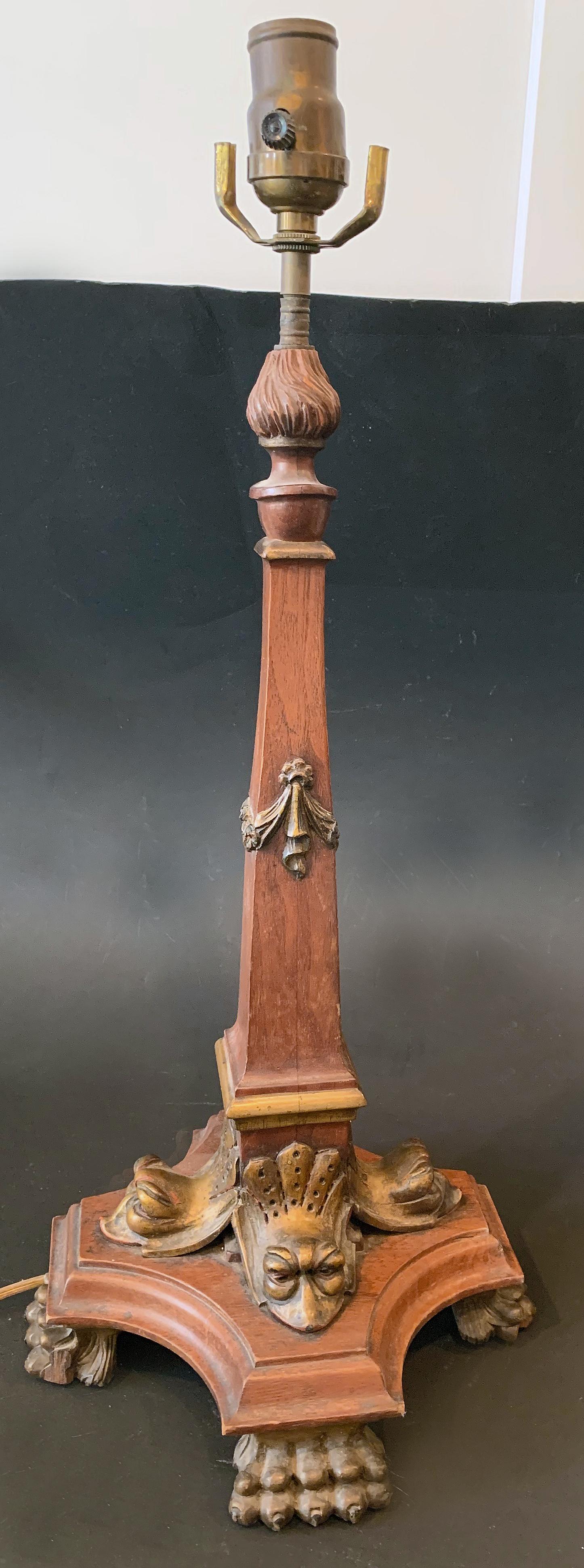 American Slender Renaissance Revival Lamp Base with Dauphins and Hairy Paw Feet For Sale