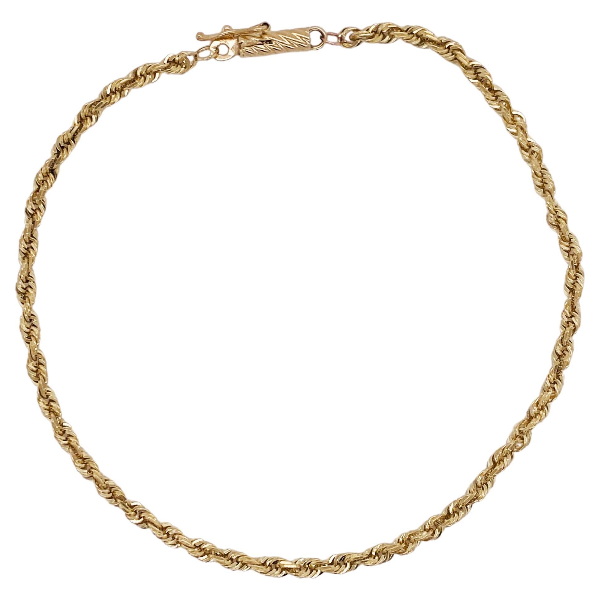 Slender Rope Chain Bracelet in 14K Yellow Gold 8", Barrel Clasp, Stackable LV For Sale