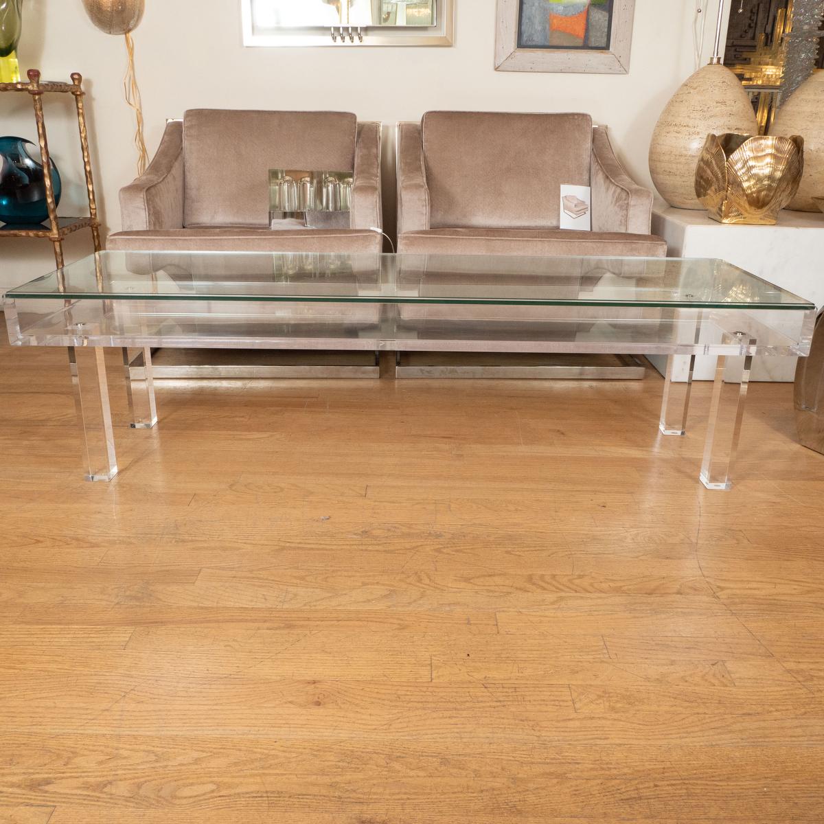 Mid-Century Modern Slender sliding top Lucite and glass coffee table For Sale
