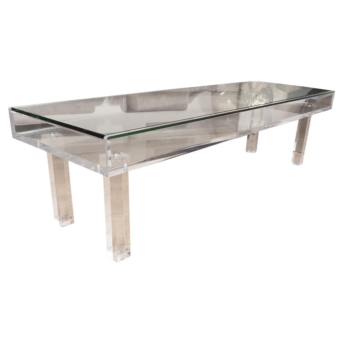 Slender sliding top Lucite and glass coffee table For Sale