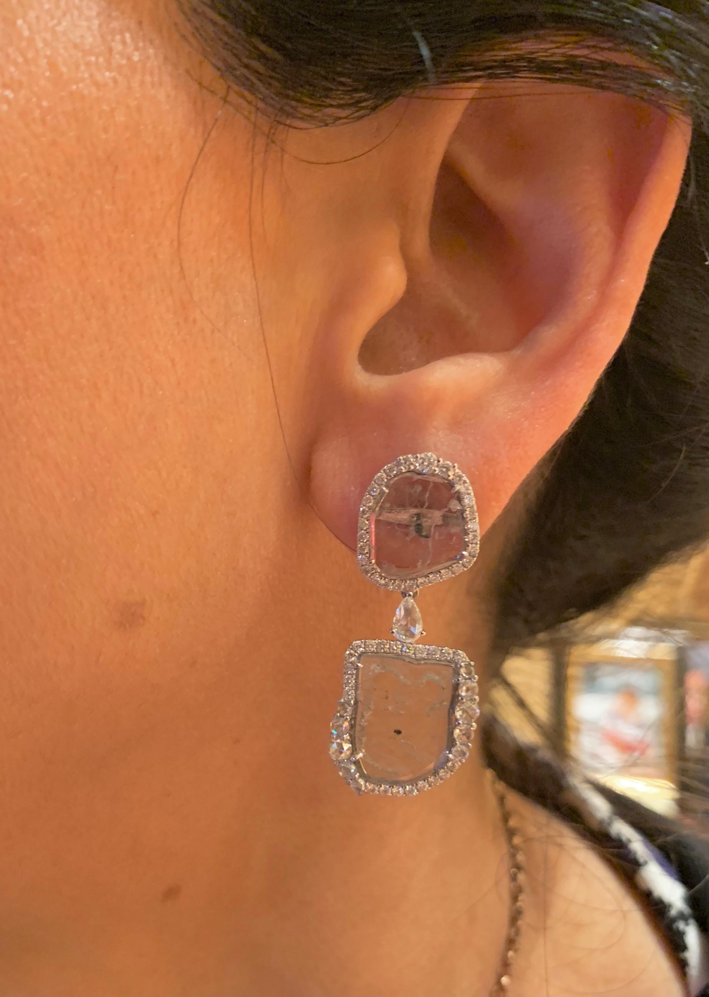 Manpriya B Double Slice and Rose Cut Diamond 18K White Gold Drop Dangle Earrings For Sale 4