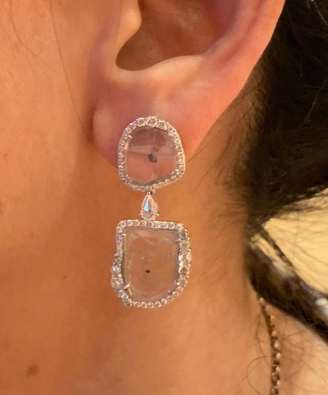 Manpriya B Double Slice and Rose Cut Diamond 18K White Gold Drop Dangle Earrings For Sale 5