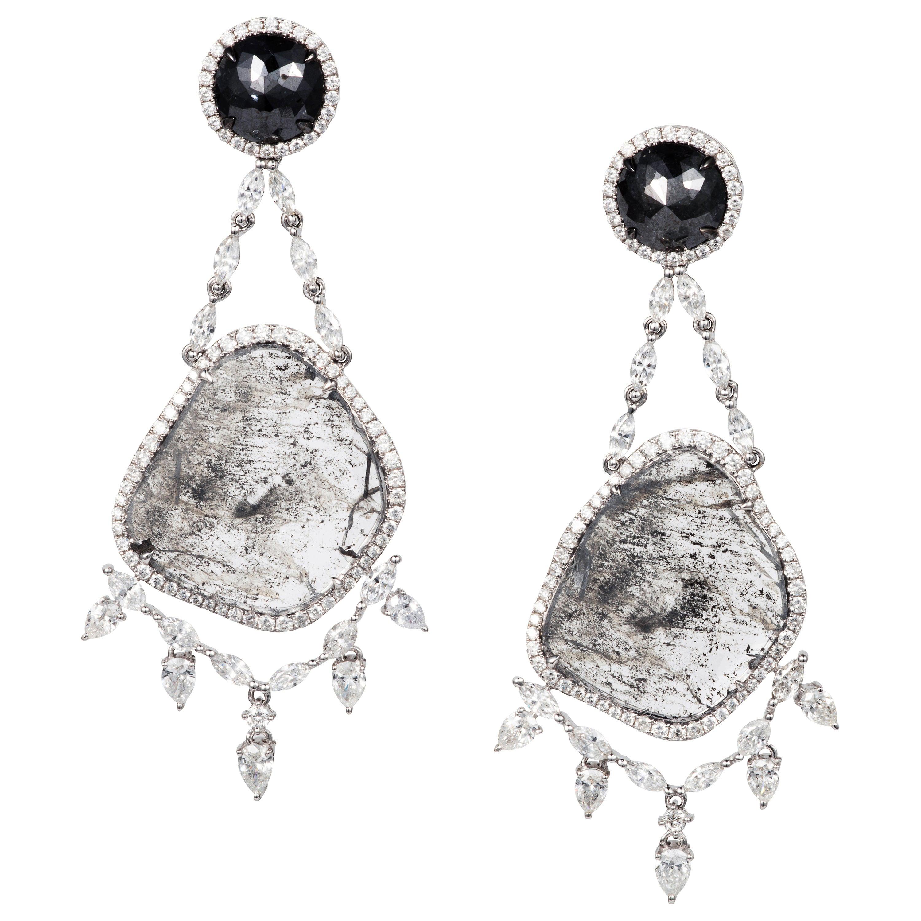 Manpriya B Slice, Black Rose Cut & Fancy Diamond 18K Gold Chandelier Earrings For Sale