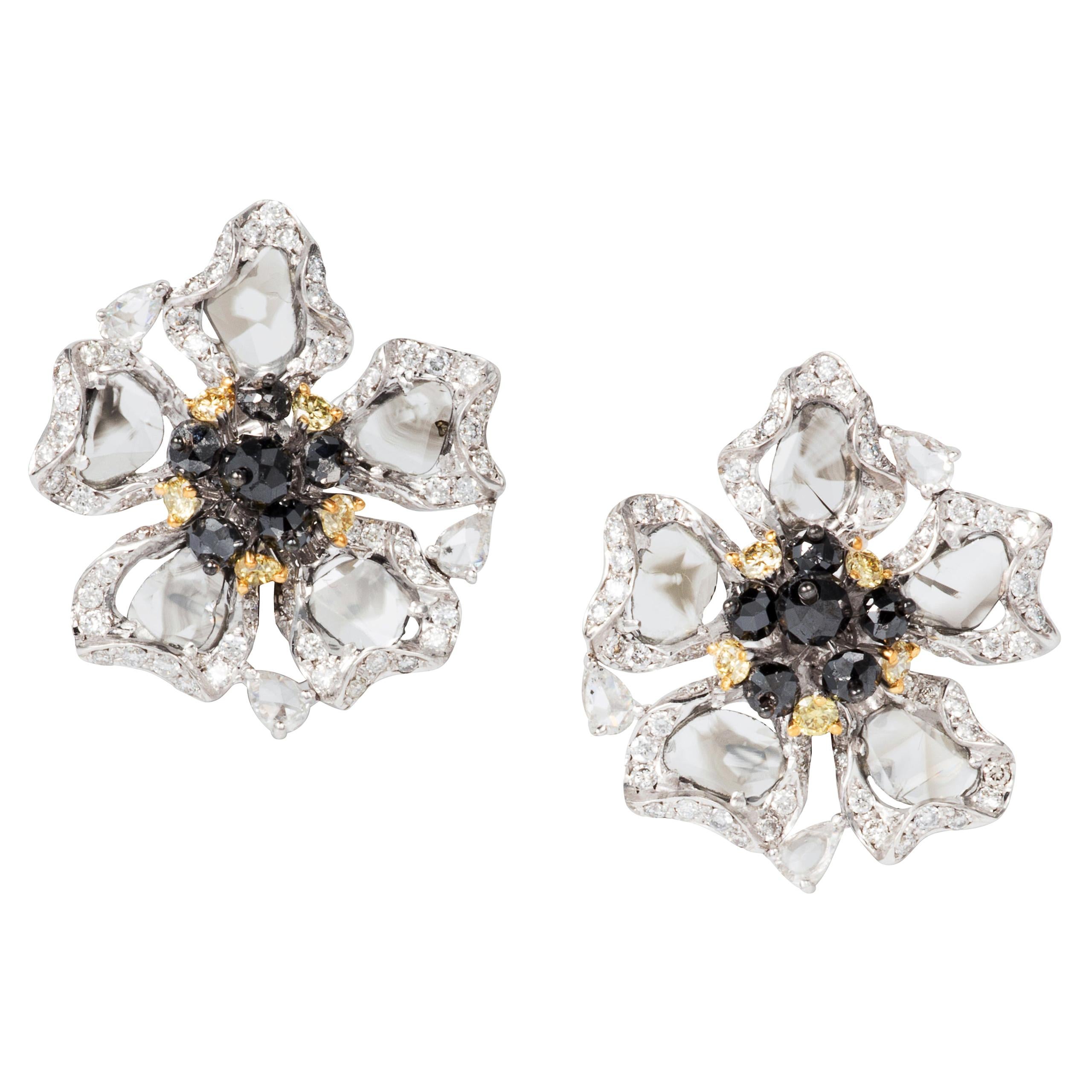 Manpriya B Slice, Black, Yellow Diamond 18K Gold Flower Clip-On Stud Earrings For Sale