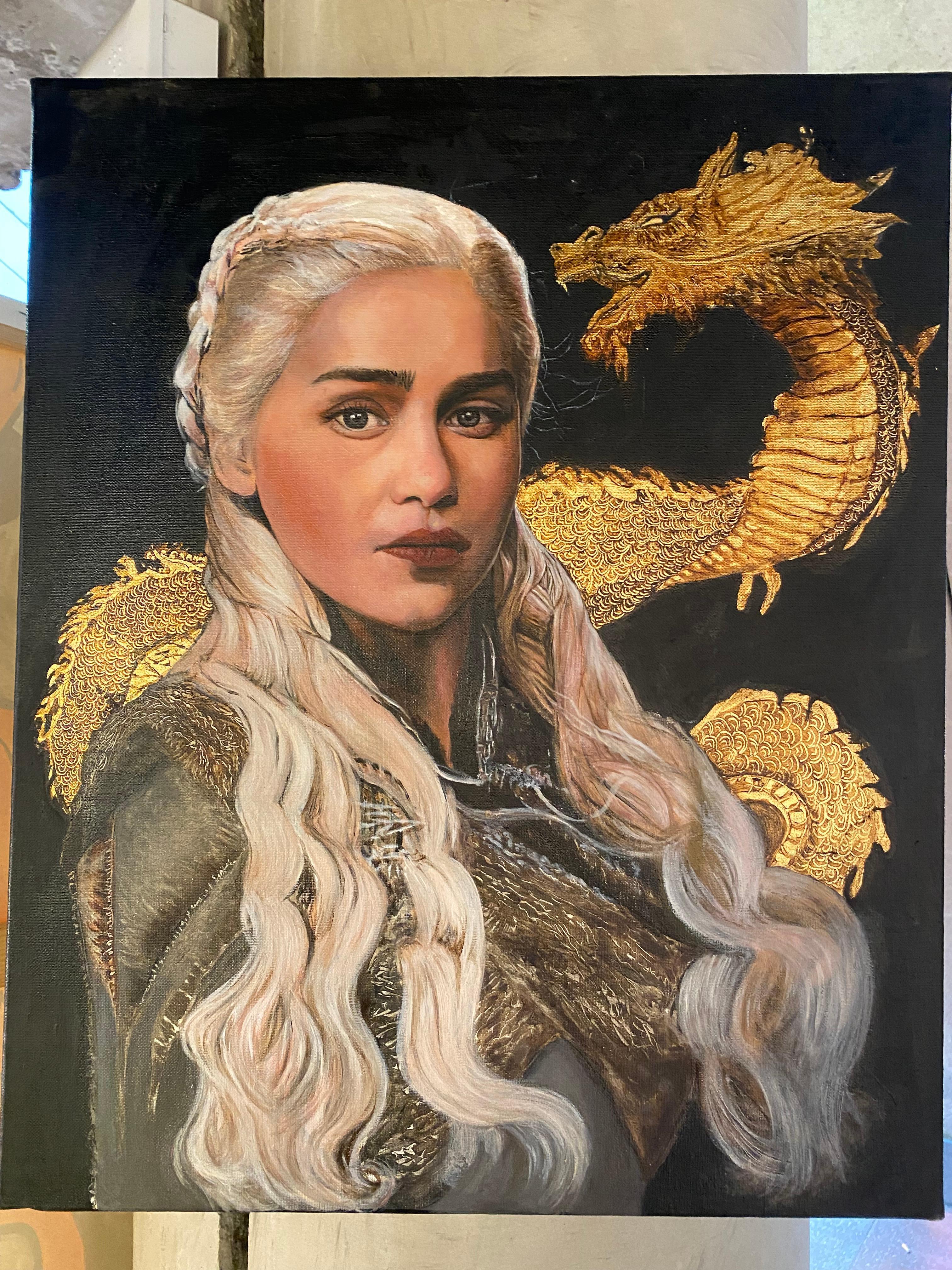 Slice
Daenerys ( game of thrones)
Oil painting and 22 carat gold leaf 
On linen canvas and frame
50 x 61 cms
Title, signature and date on the back 
Certificate of the artist 
2900 euros.