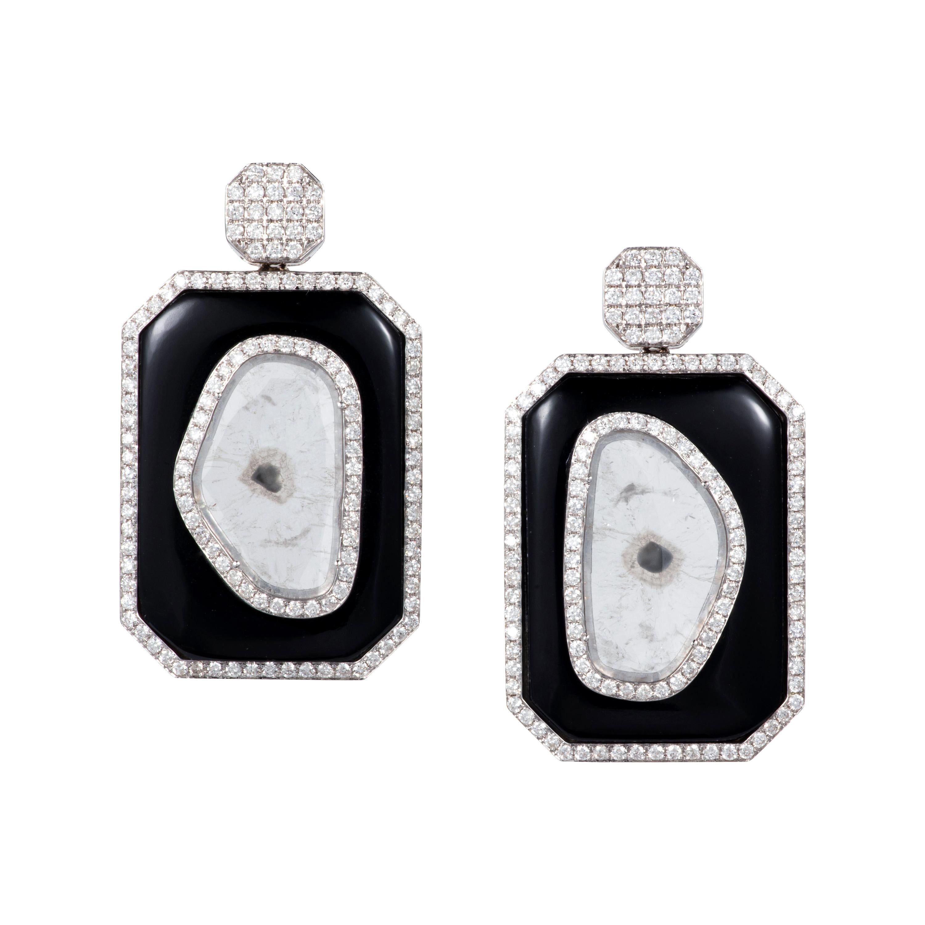 Manpriya B Slice Diamond and Black Onyx 18 Karat White Gold Dangle Earrings  For Sale