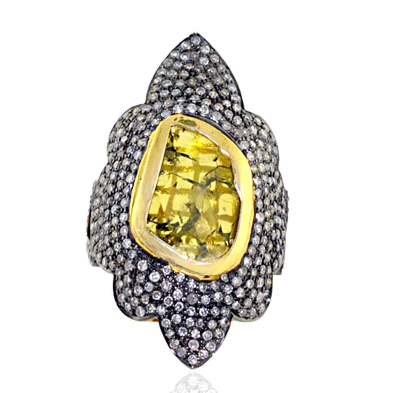 Artisan Slice Diamond Cocktail Ring With Diamonds Made In 14k Gold & Silver For Sale