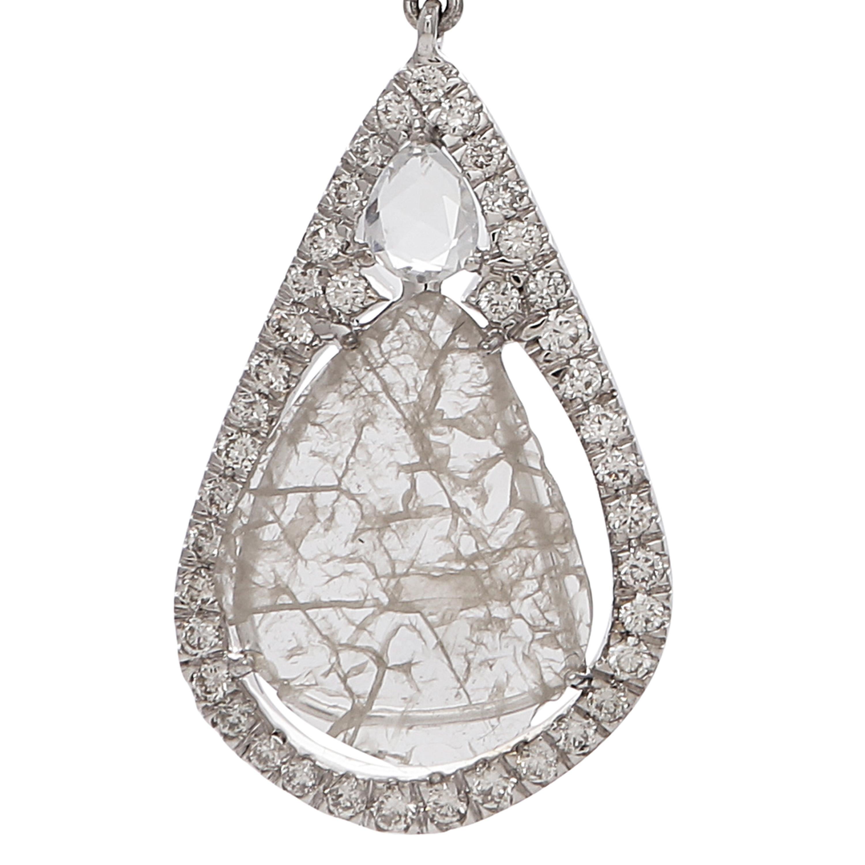 Round Cut  Manpriya B Slice Diamond, Diamond, White Sapphire Tear Drop Dangle Earrings  For Sale