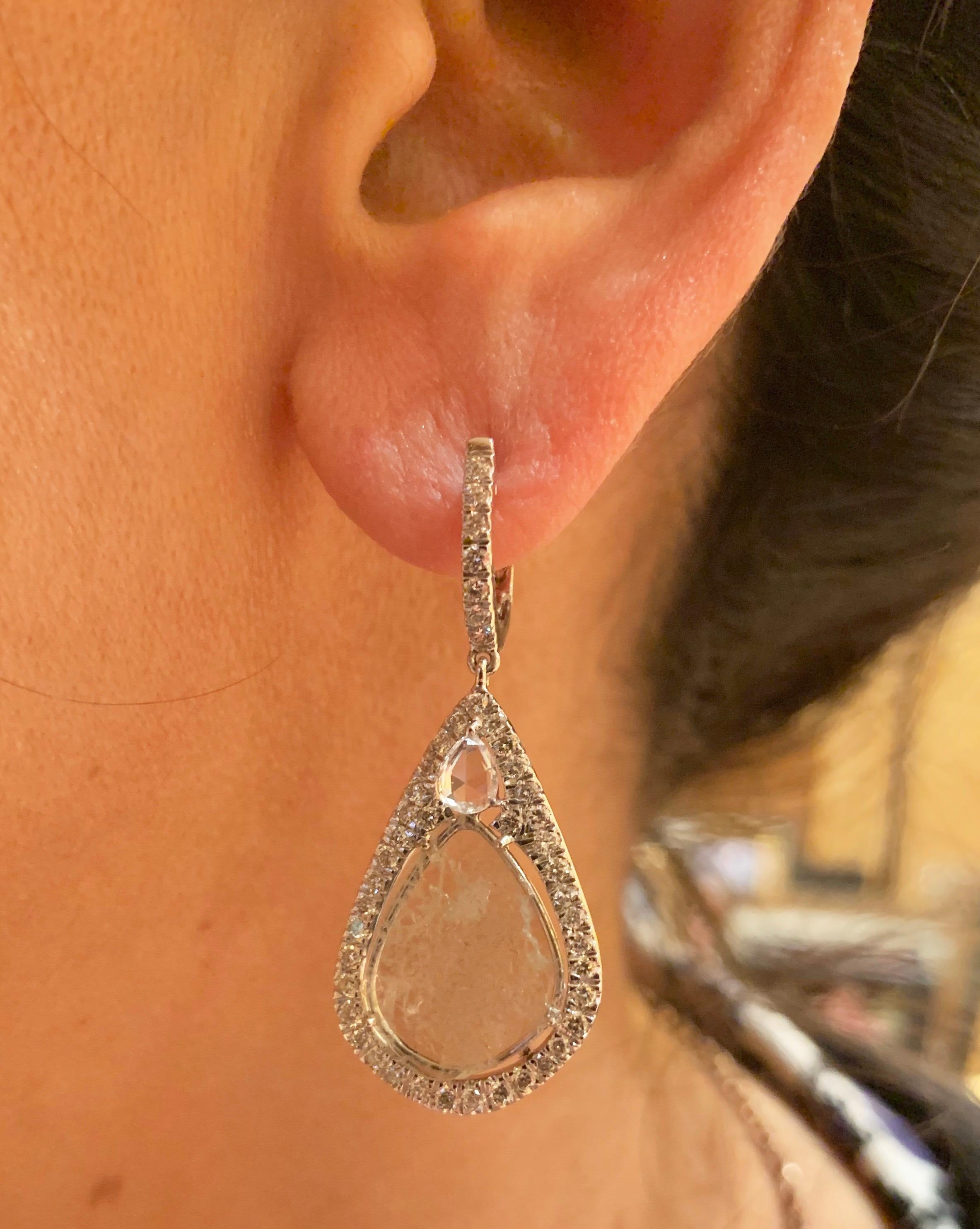  Manpriya B Slice Diamond, Diamond, White Sapphire Tear Drop Dangle Earrings  In New Condition For Sale In London, GB