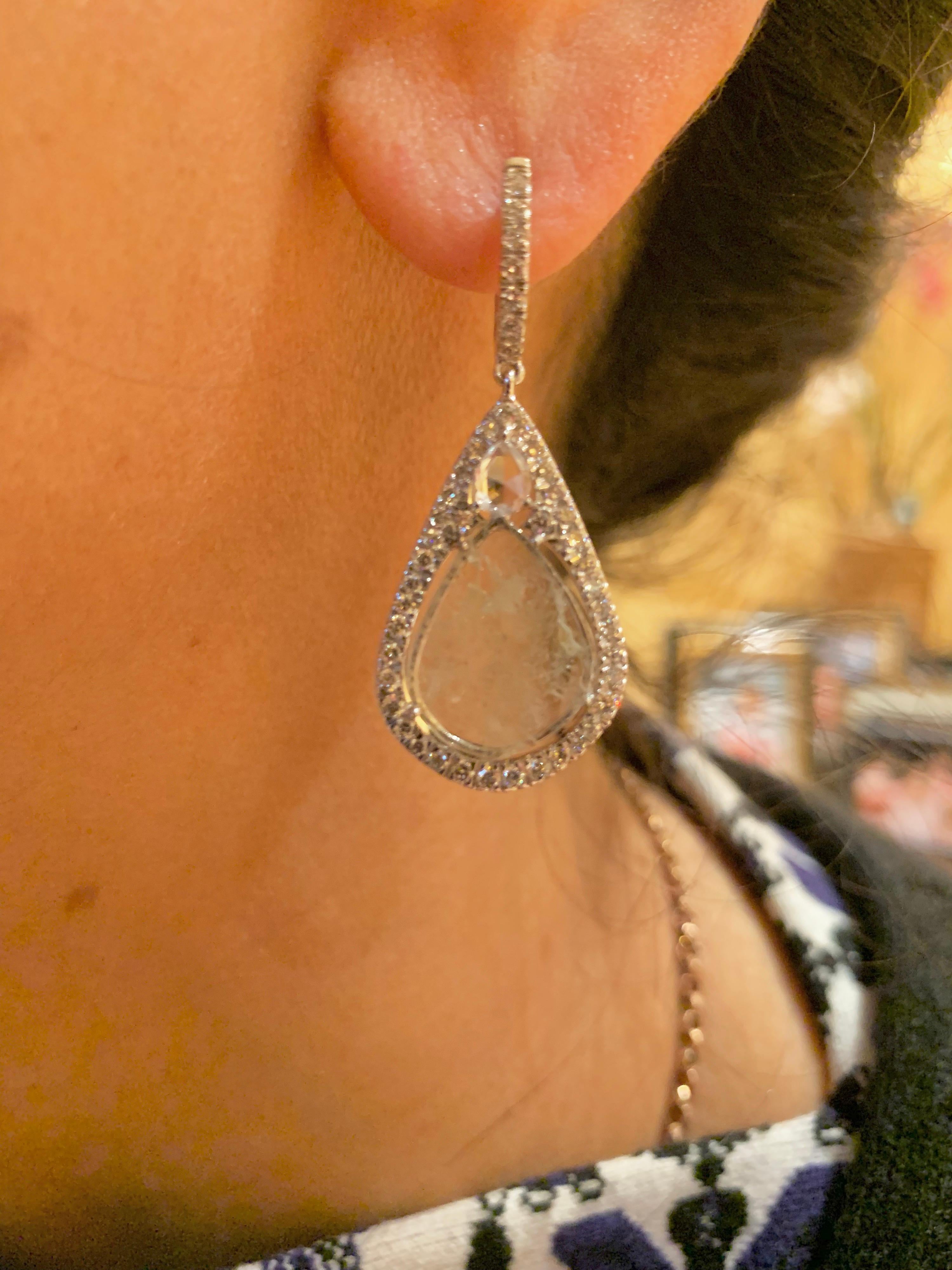 Women's or Men's  Manpriya B Slice Diamond, Diamond, White Sapphire Tear Drop Dangle Earrings  For Sale