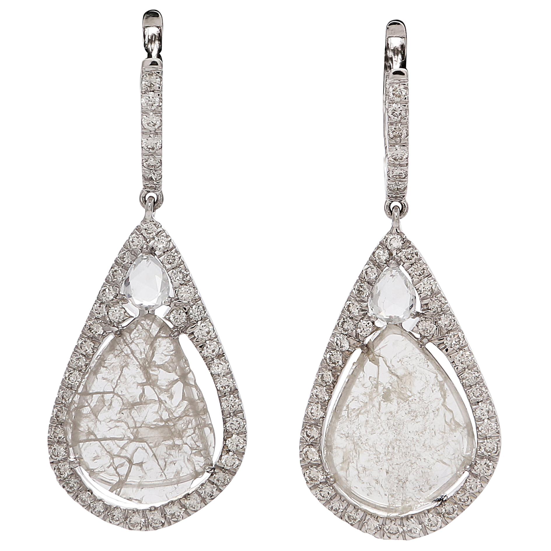  Manpriya B Slice Diamond, Diamond, White Sapphire Tear Drop Dangle Earrings  For Sale