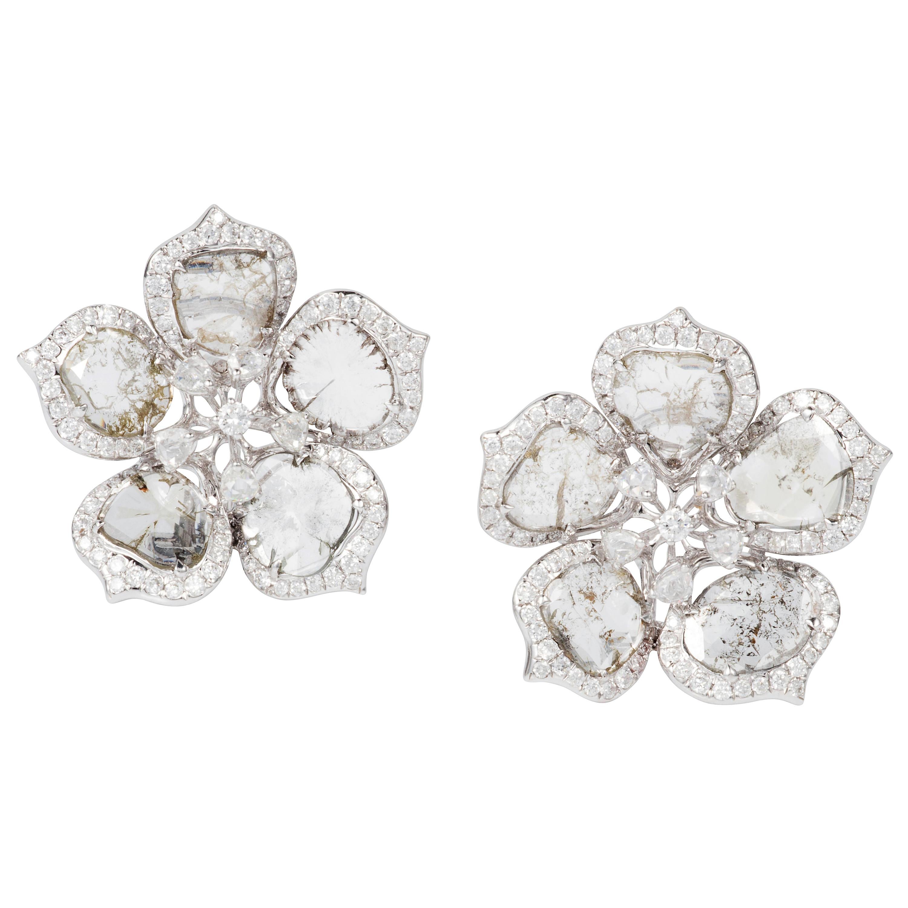 Manpriya B Slice Diamond 18K White Gold Flower Clip-On Stud Earrings For Sale