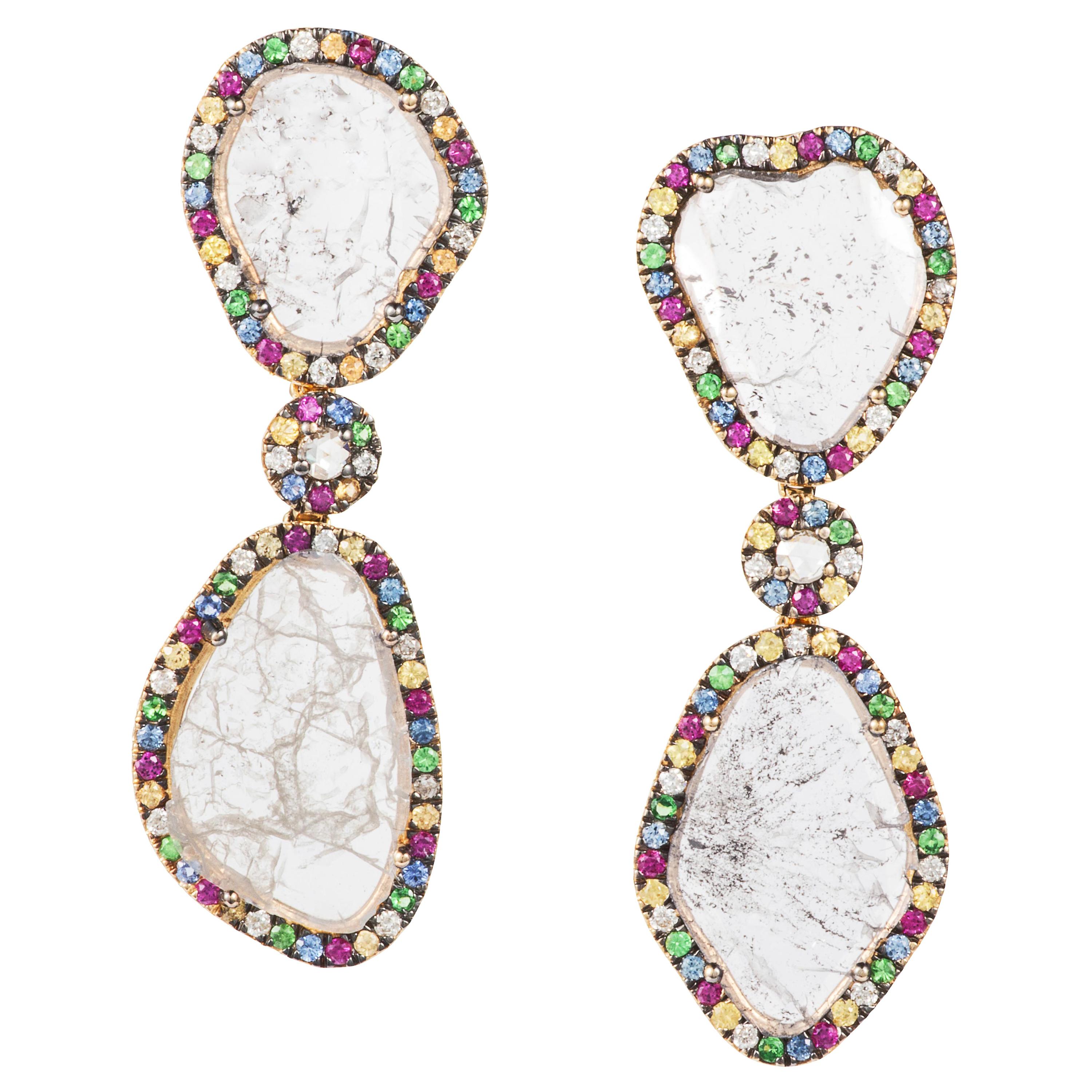 Manpriya B Slice Diamond, Ruby, Coloured Sapphire and Tsavorite Drop Earrings For Sale