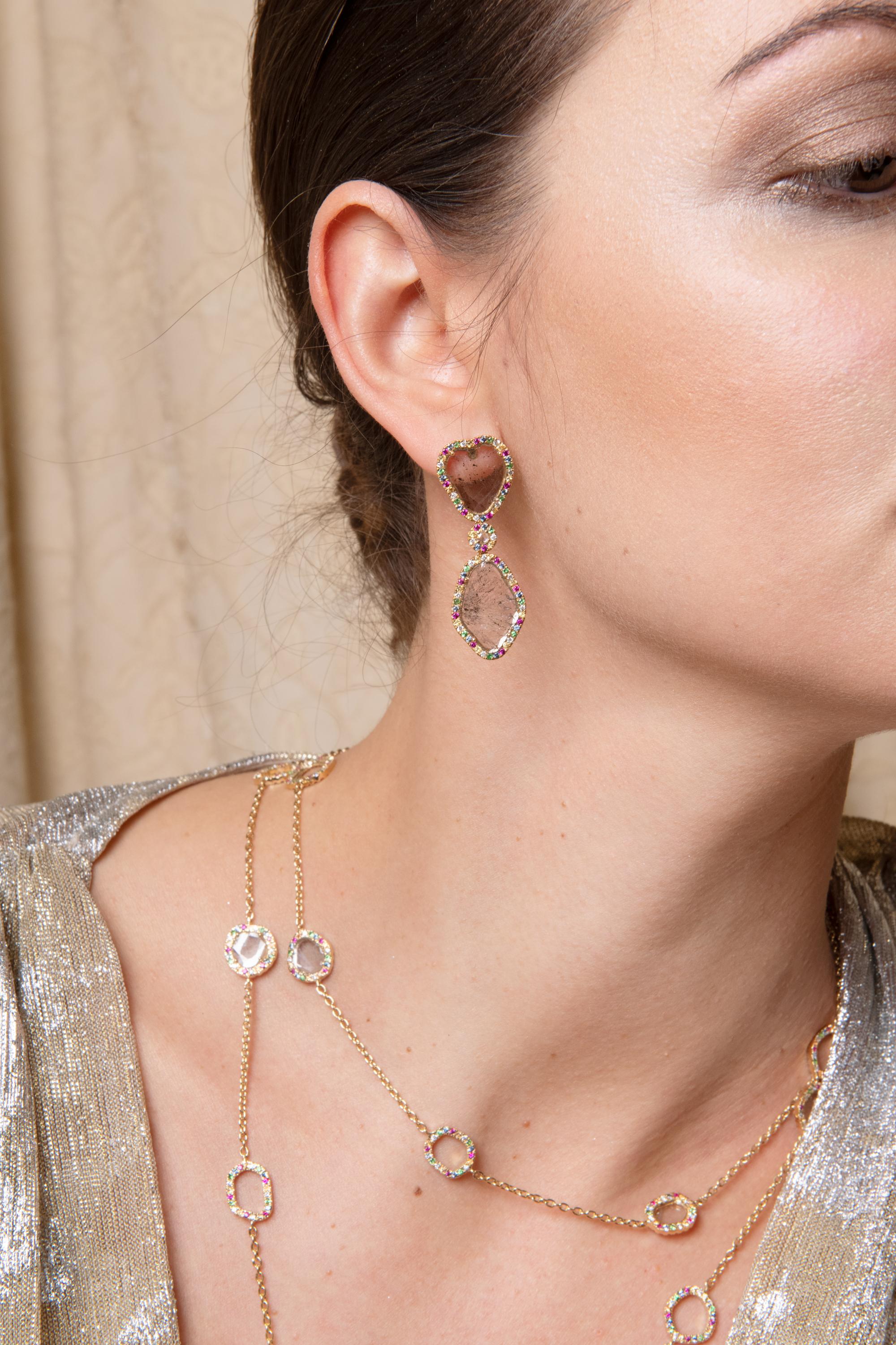 Women's or Men's Manpriya B Slice Diamond, Ruby, Coloured Sapphire and Tsavorite Drop Earrings For Sale