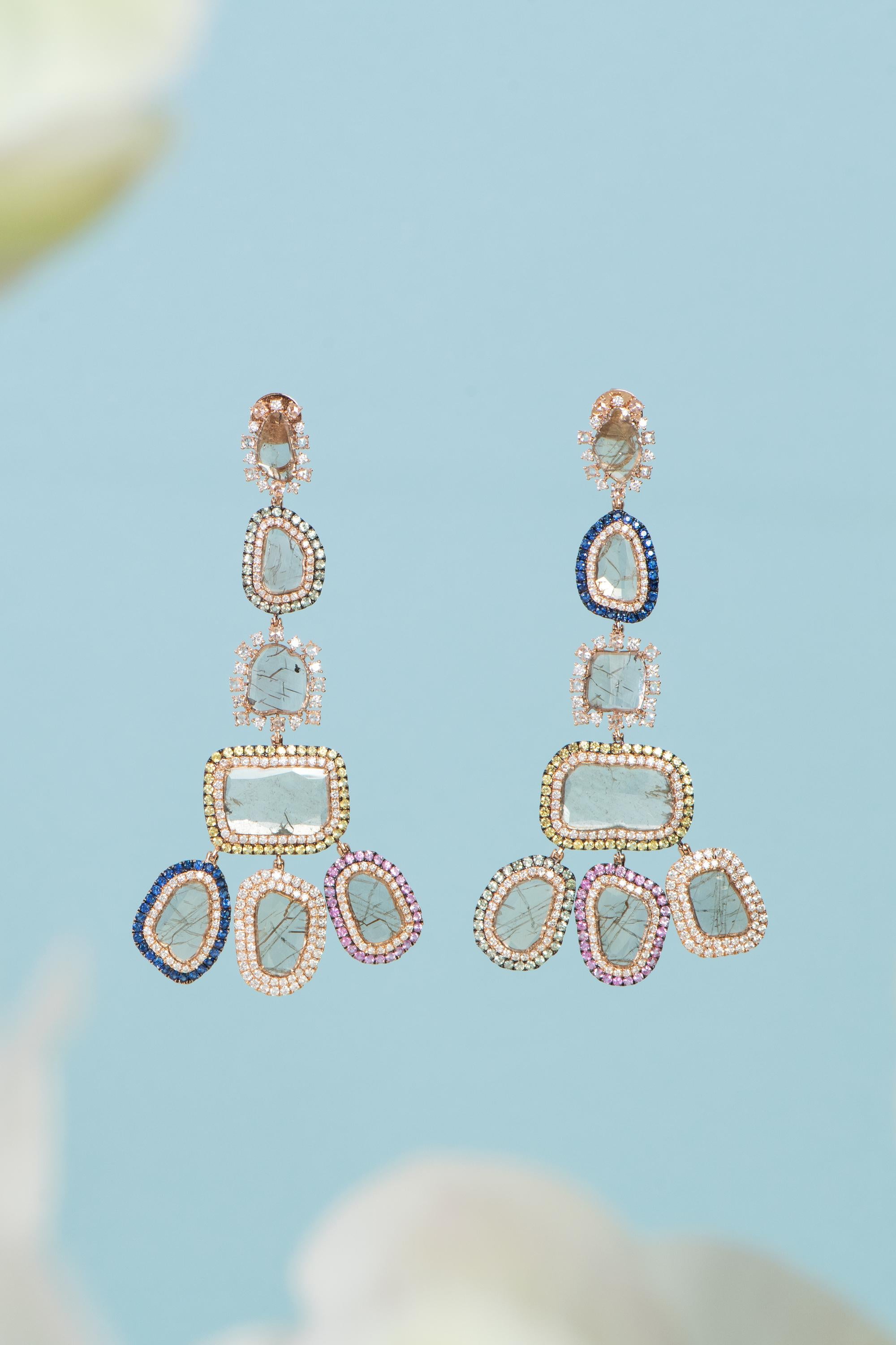 Modern Manpriya B Slice Diamonds Fancy Coloured Sapphires Rose Gold Chandelier Earrings For Sale