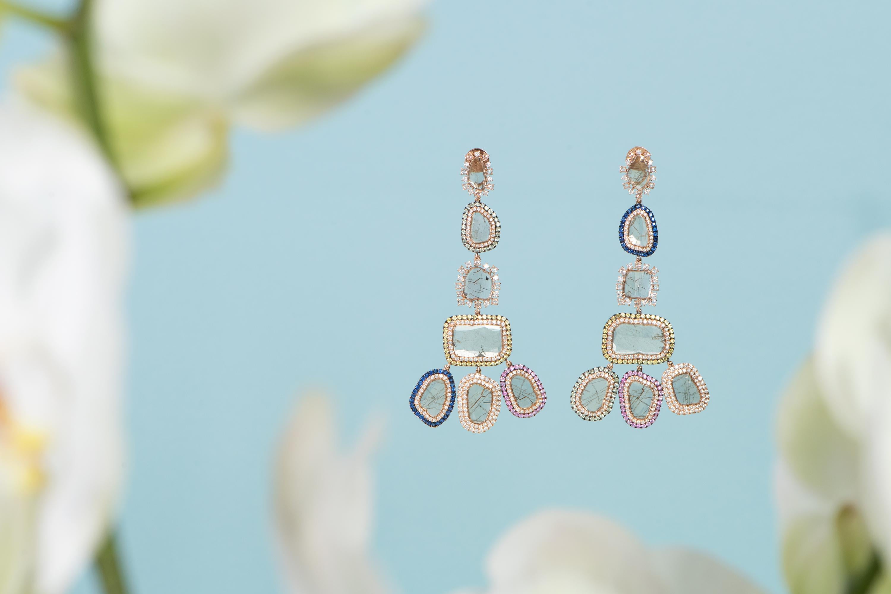 Round Cut Manpriya B Slice Diamonds Fancy Coloured Sapphires Rose Gold Chandelier Earrings For Sale